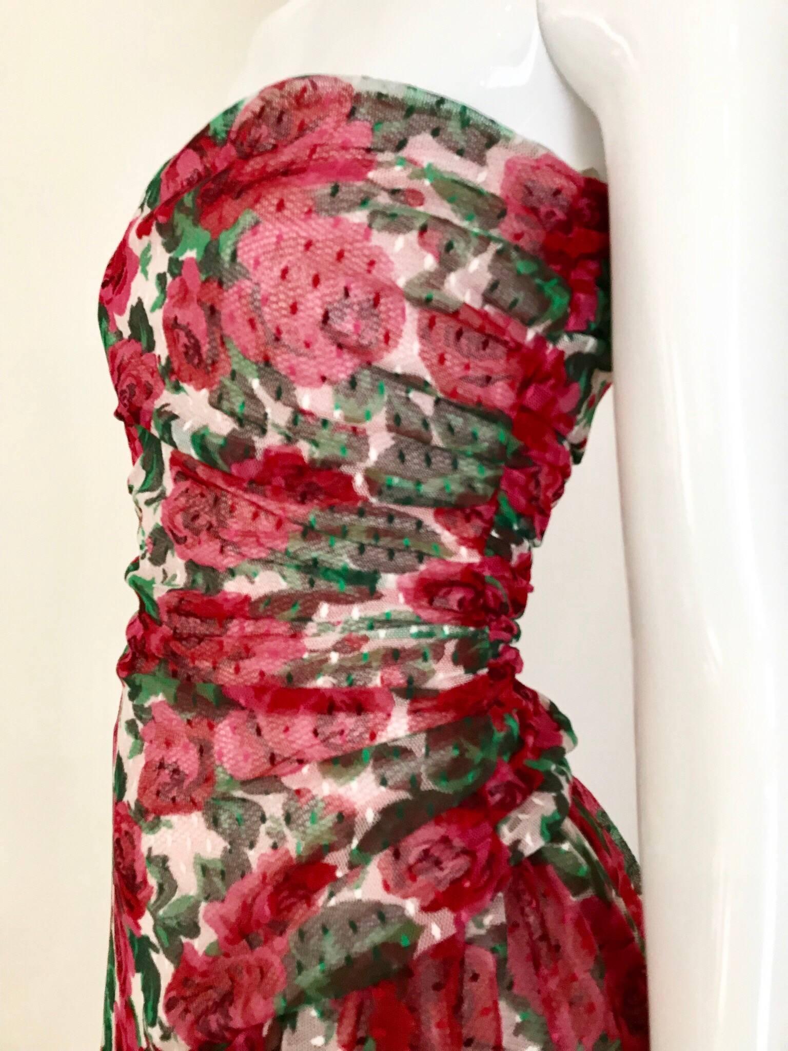 Brown Vintage SCAASI Strapless Red Floral Print Strapless Cocktail Dress For Sale
