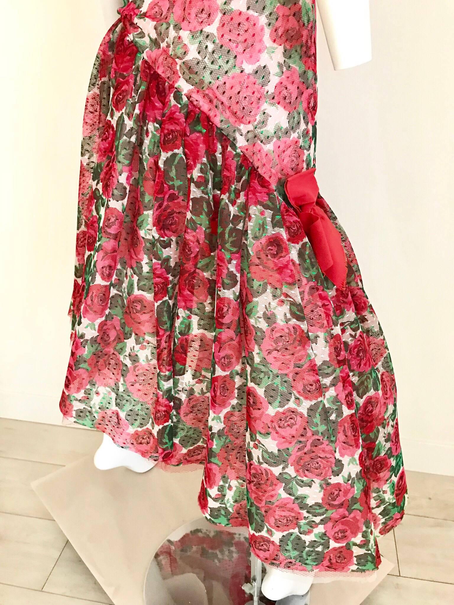 Vintage SCAASI Strapless Red Floral Print Strapless Cocktail Dress For Sale 1
