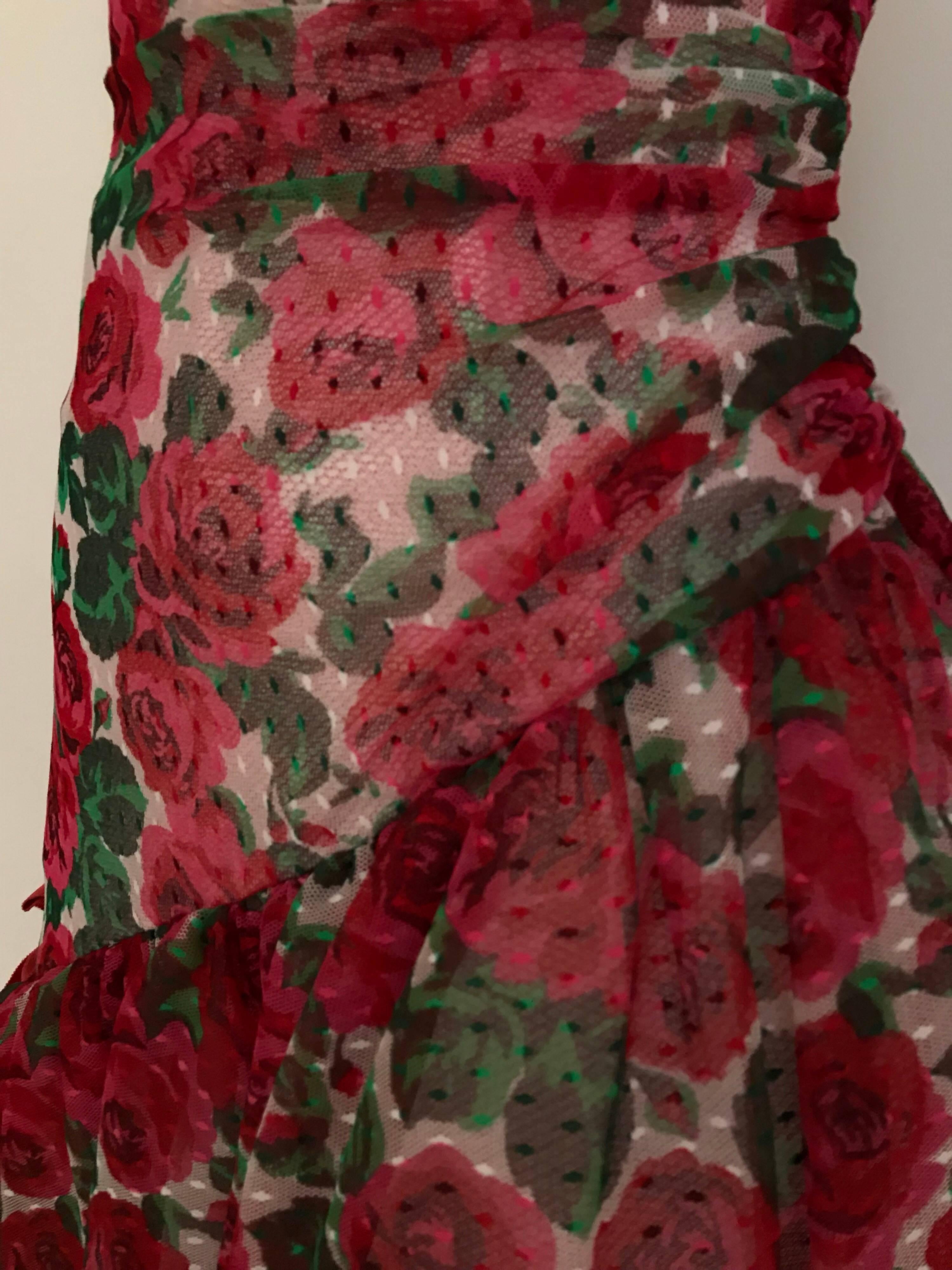 SCAASI  Red Floral Print Strapless Cocktail Dress 2