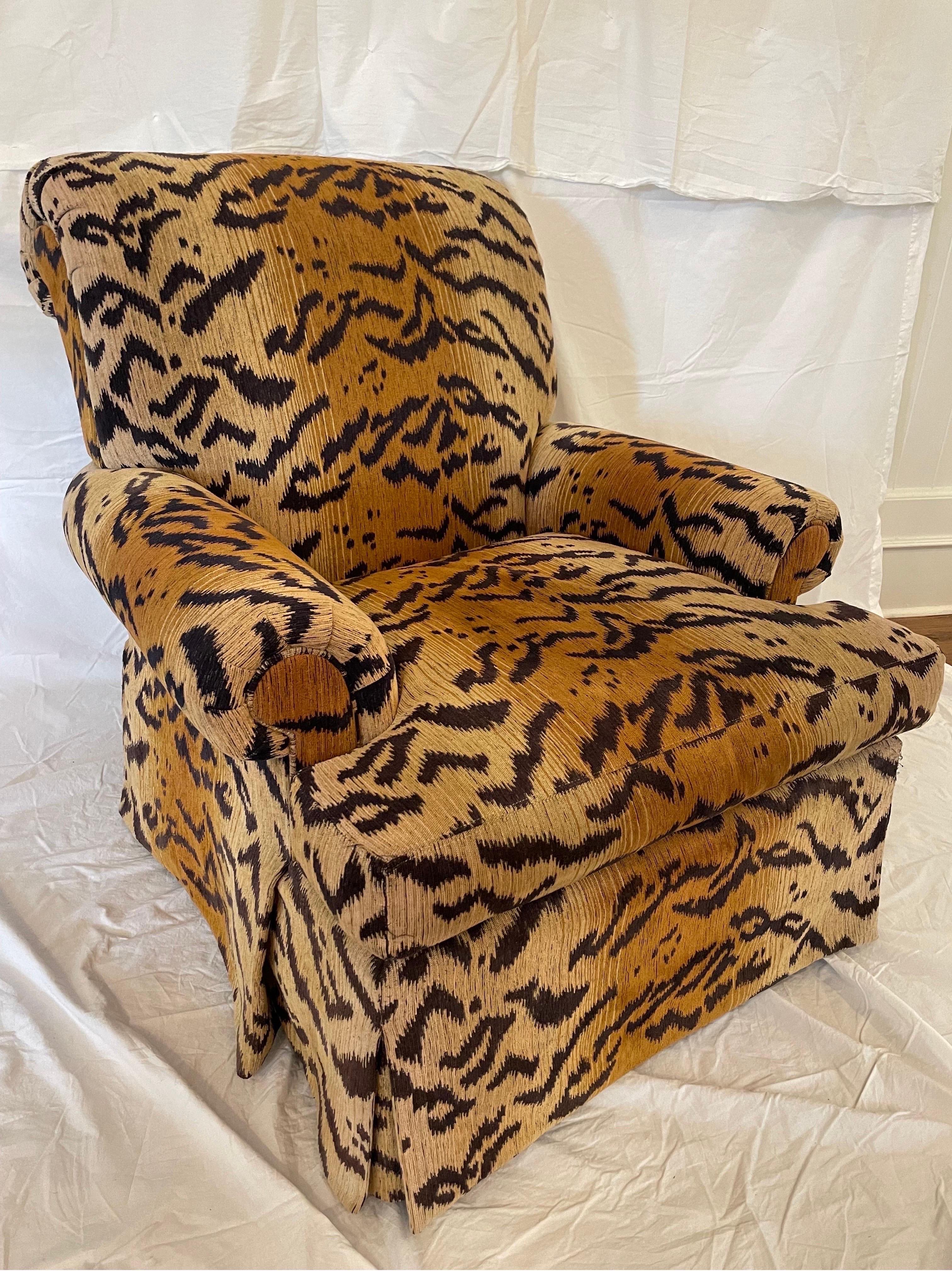 Stunning High Quality Vanguard Furniture club chair made in Hickory North Carolina. Very comfortable and Stylish with rolled arms & pleated skirt in a beautiful Scalamandre 