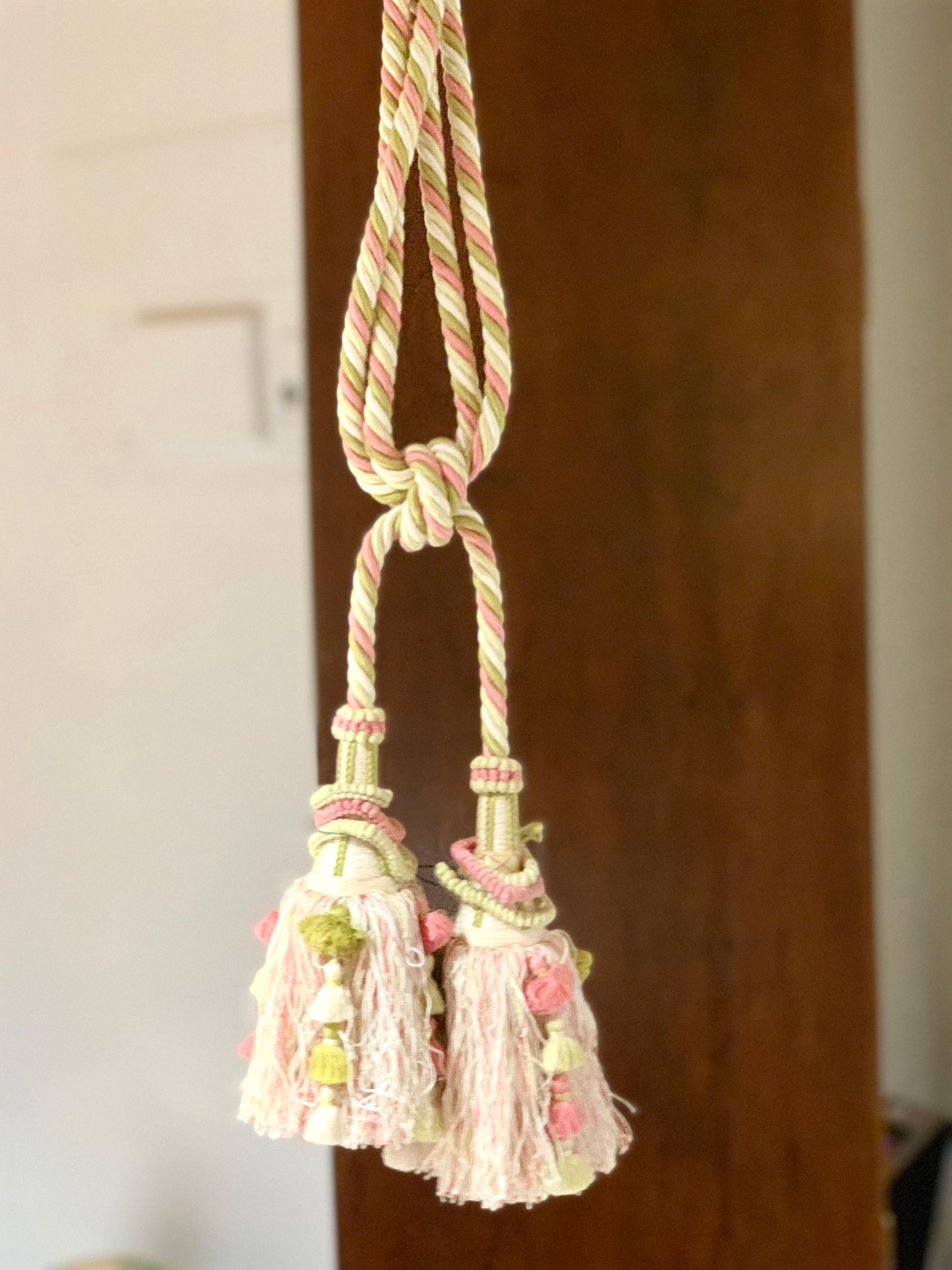Vintage Scalamandre pink, cream, green tassel tie-backs, home accessory, curtain. Three tassel pairs available. Listing is for single pair as shown in images 1 and 2.