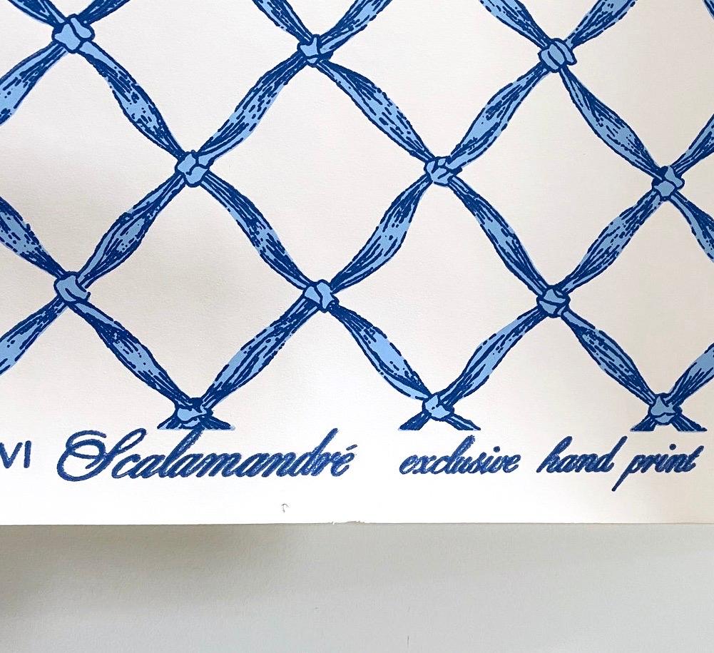 Vintage Scalamandre trompe L’Oeil Normandy blue ribbon, French wallpaper, 1986. Equivalent to 10+ single rolls at 5 yards each. Totals more than 50 yards (approximate 155 ft.) in length, as a single bolt. Rare hand print. Perfect for those that need