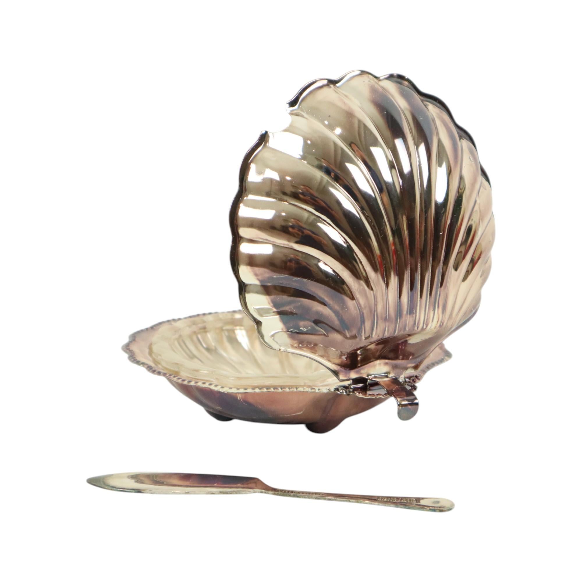 Cuchillo Vintage Scallop Shell Butter Dish Metal Plateado Queen Anne en Bueno estado para la venta en Poperinge, BE