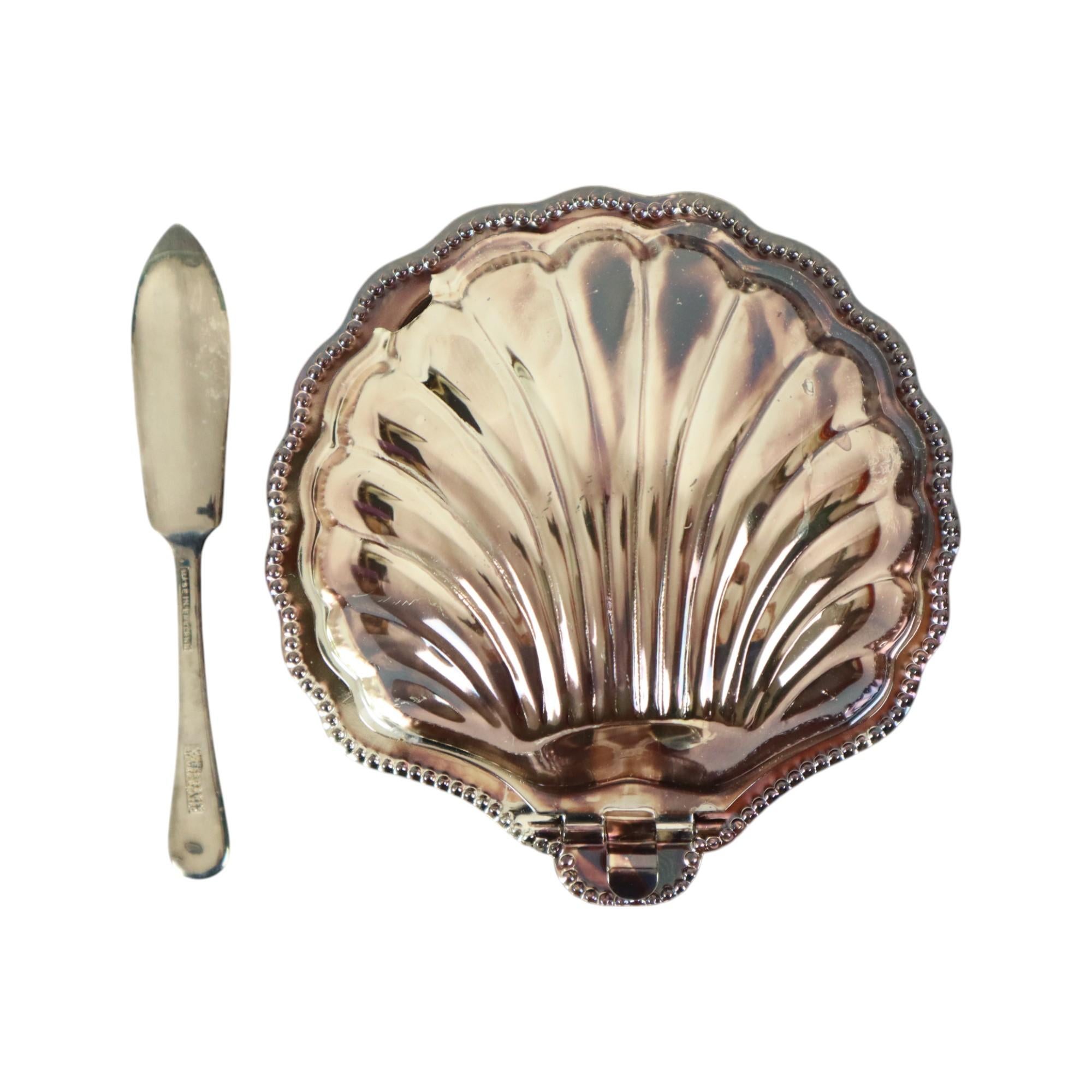 Cuchillo Vintage Scallop Shell Butter Dish Metal Plateado Queen Anne Chapado en plata en venta