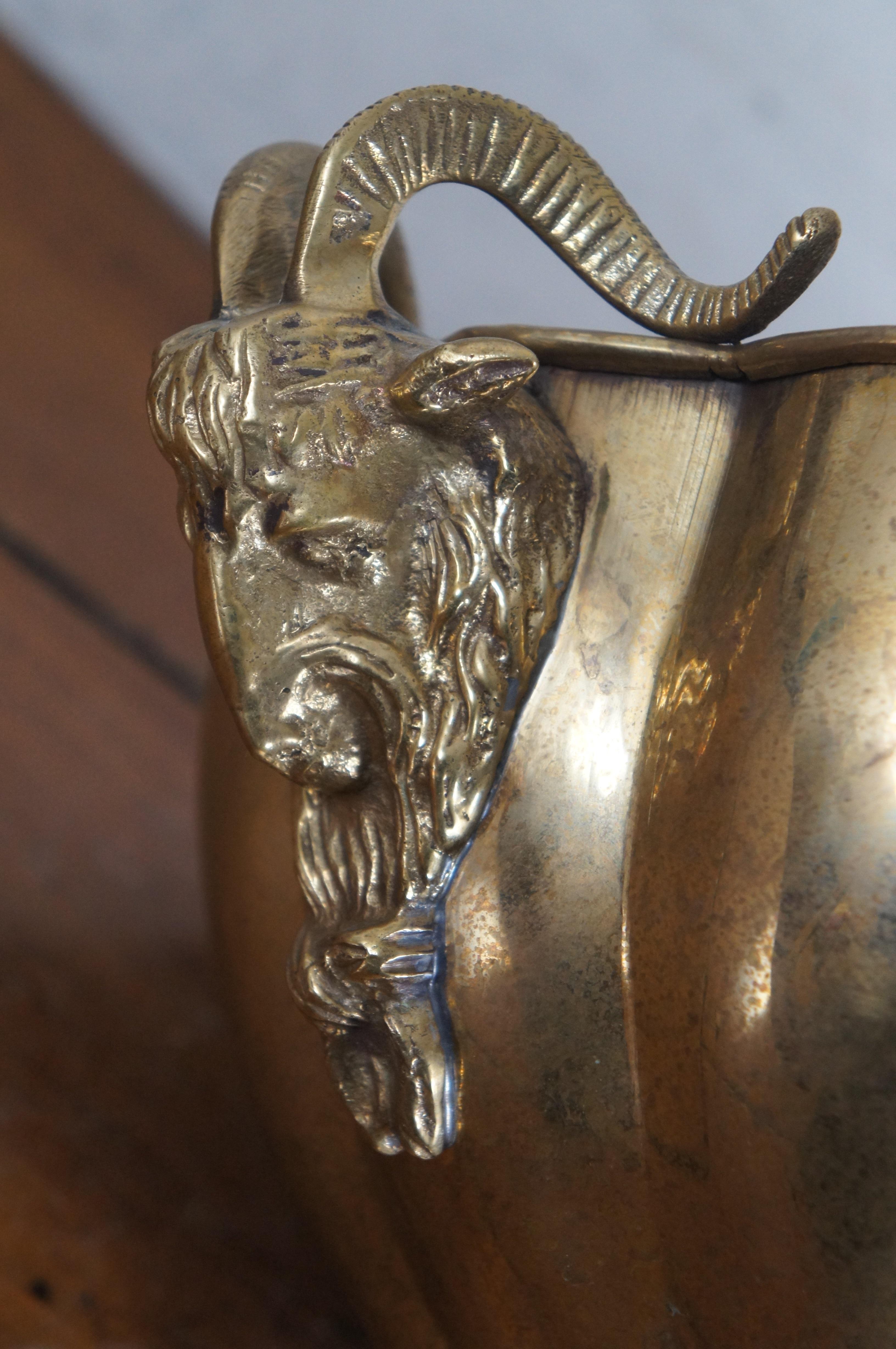 Vintage Scalloped Brass Jardinière Centerpiece Figural Ram Goat Head Handles 18