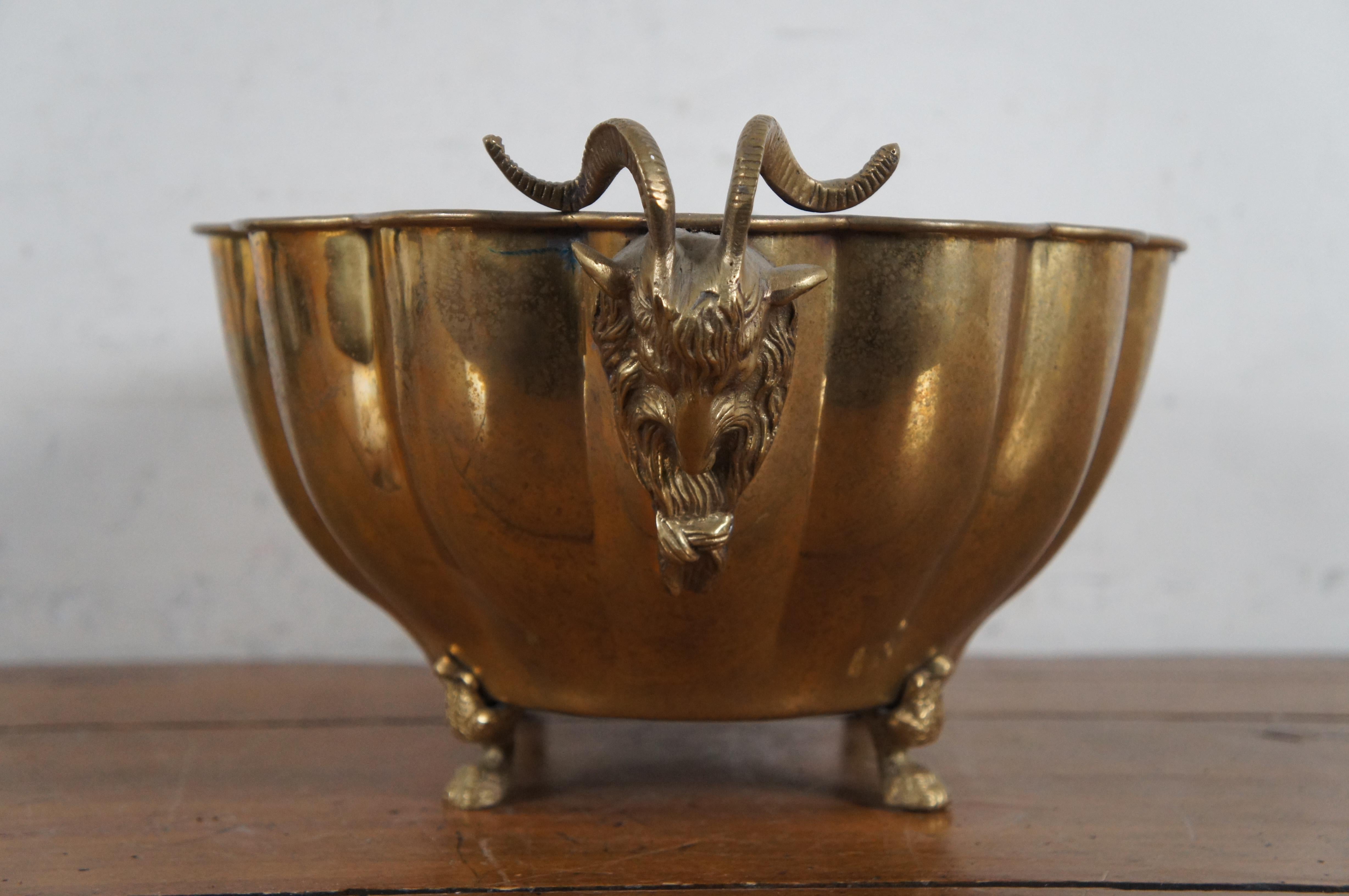 Late 20th Century Vintage Scalloped Brass Jardinière Centerpiece Figural Ram Goat Head Handles 18