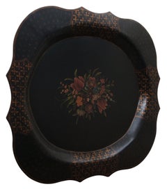 Vintage Scalloped Metal Tole Painted Black Floral Bar Vanity Serving Tray