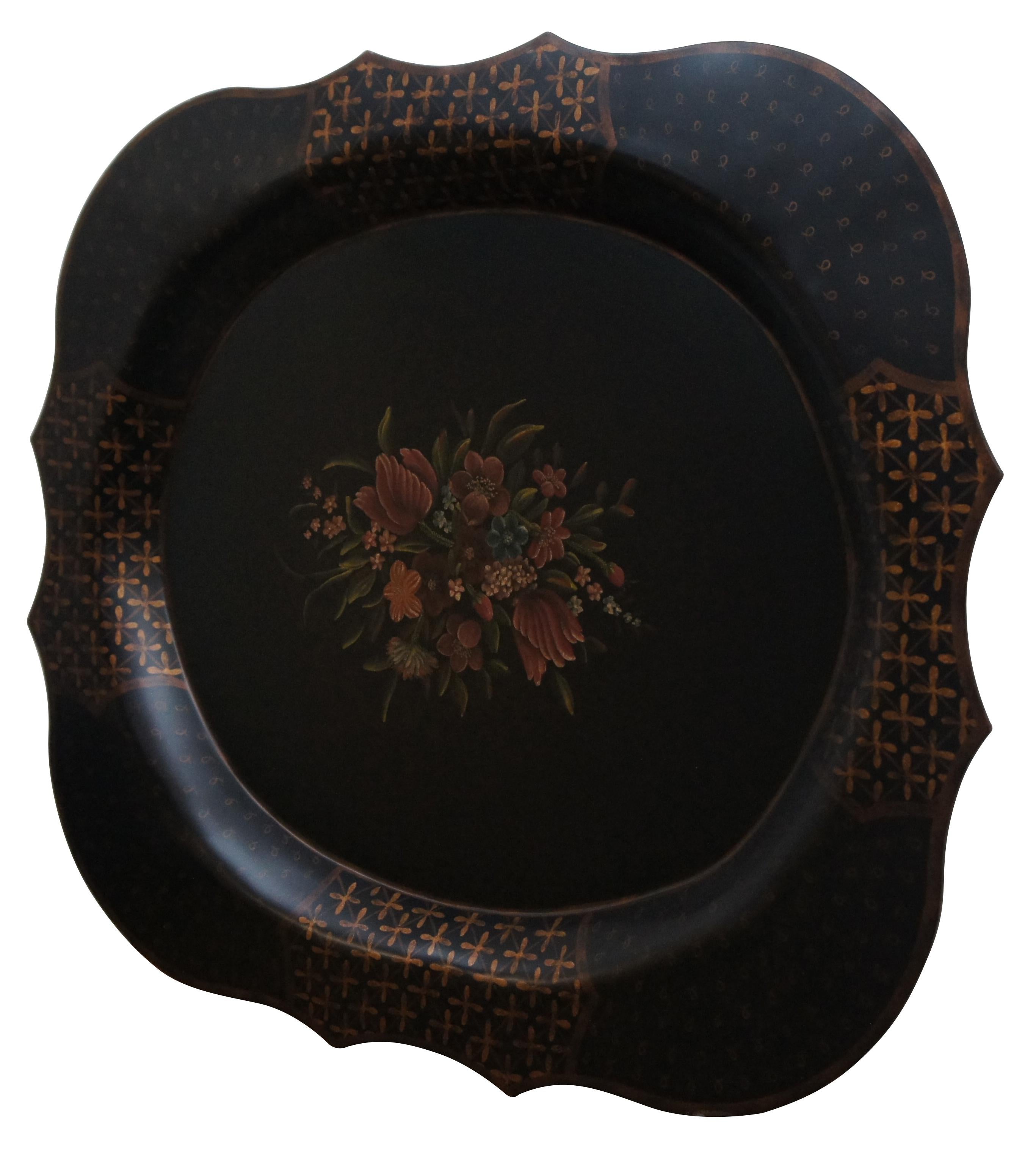 Vintage Scalloped Metal Tole Painted Black Floral Bar Vanity Serving Tray In Good Condition For Sale In Dayton, OH