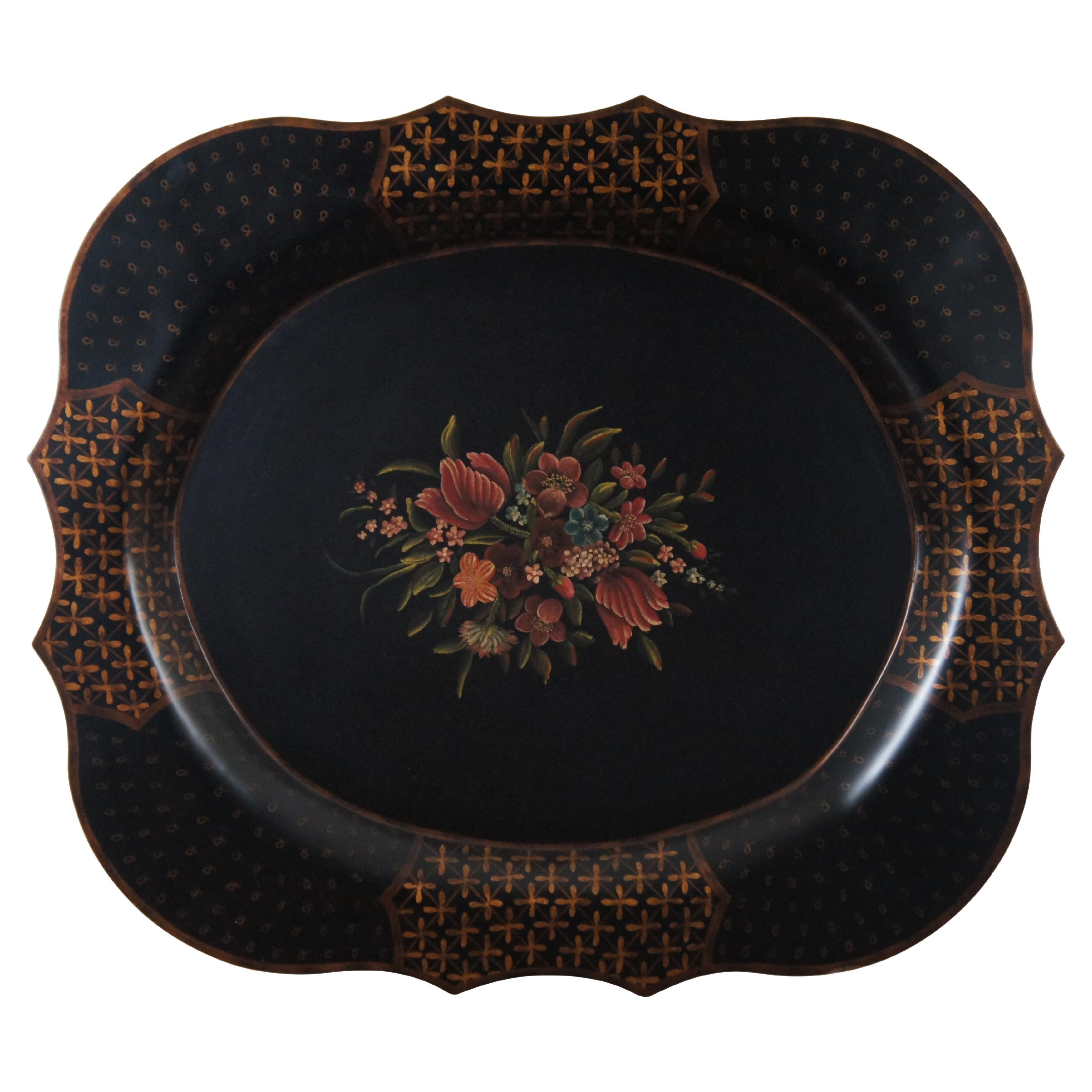 Vintage Scalloped Metal Tole Painted Black Floral Bar Vanity Serving Tray For Sale