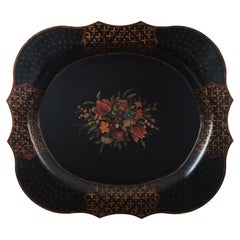 Vintage Scalloped Metal Tole Painted Black Floral Bar Vanity Serving Tray