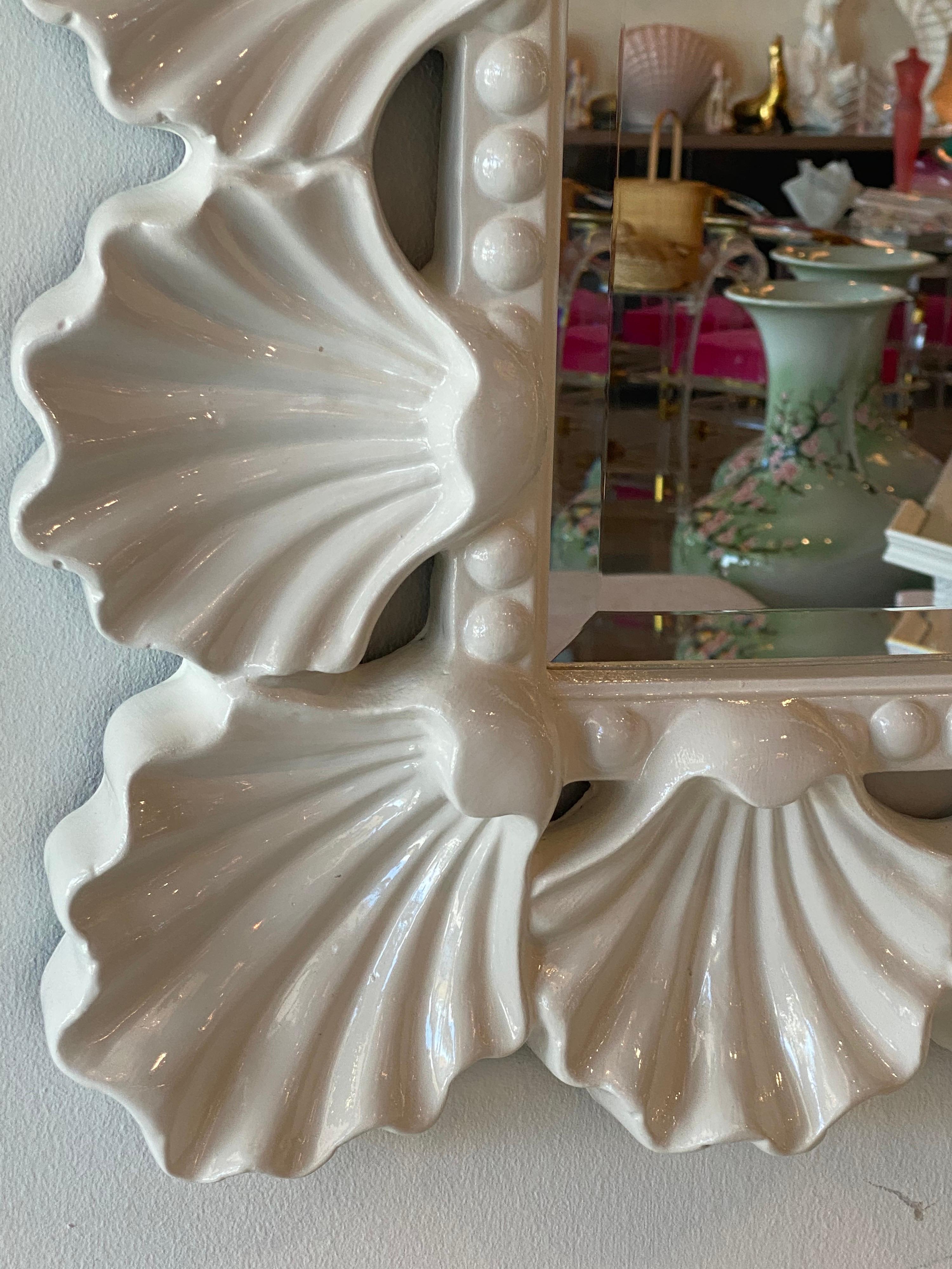 Vintage Scalloped Seashell Shell Palm Beach Soft White Lacquered Wall Mirror 3