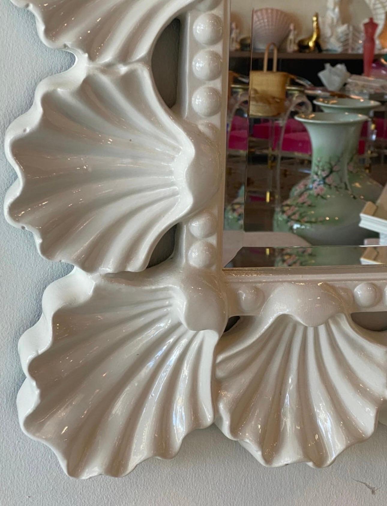 Vintage Scalloped Seashell Shell Palm Beach Soft White Lacquered Wall Mirror For Sale 5