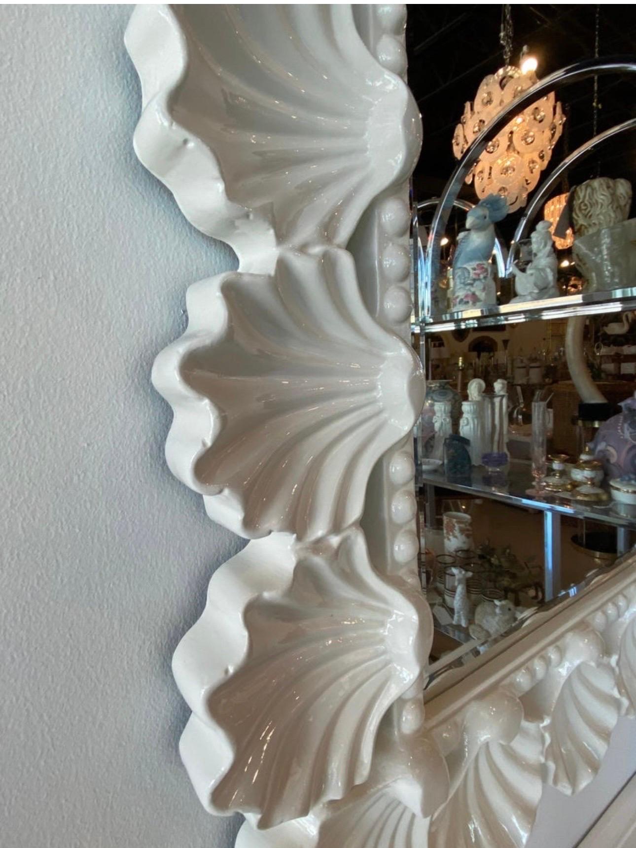 Vintage Scalloped Seashell Shell Palm Beach Soft White Lacquered Wall Mirror For Sale 6