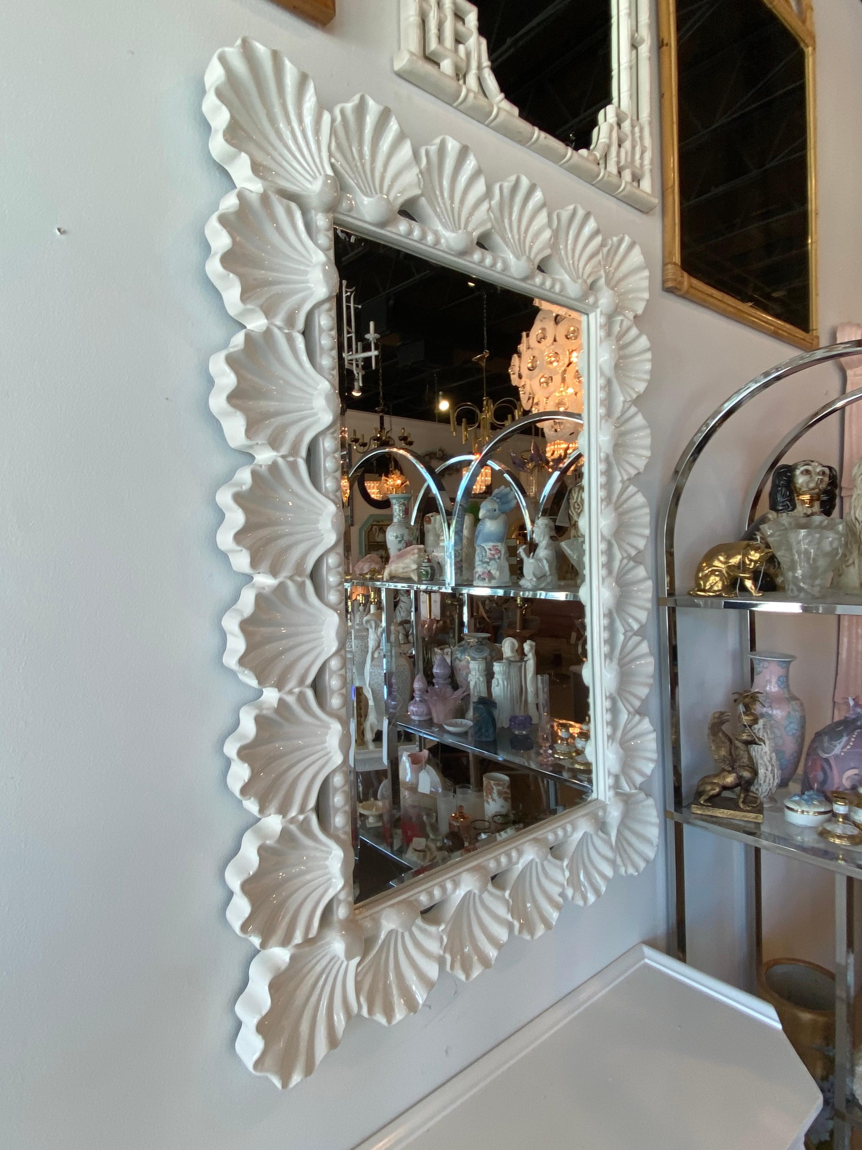 Vintage Scalloped Seashell Shell Palm Beach Soft White Lacquered Wall Mirror 6
