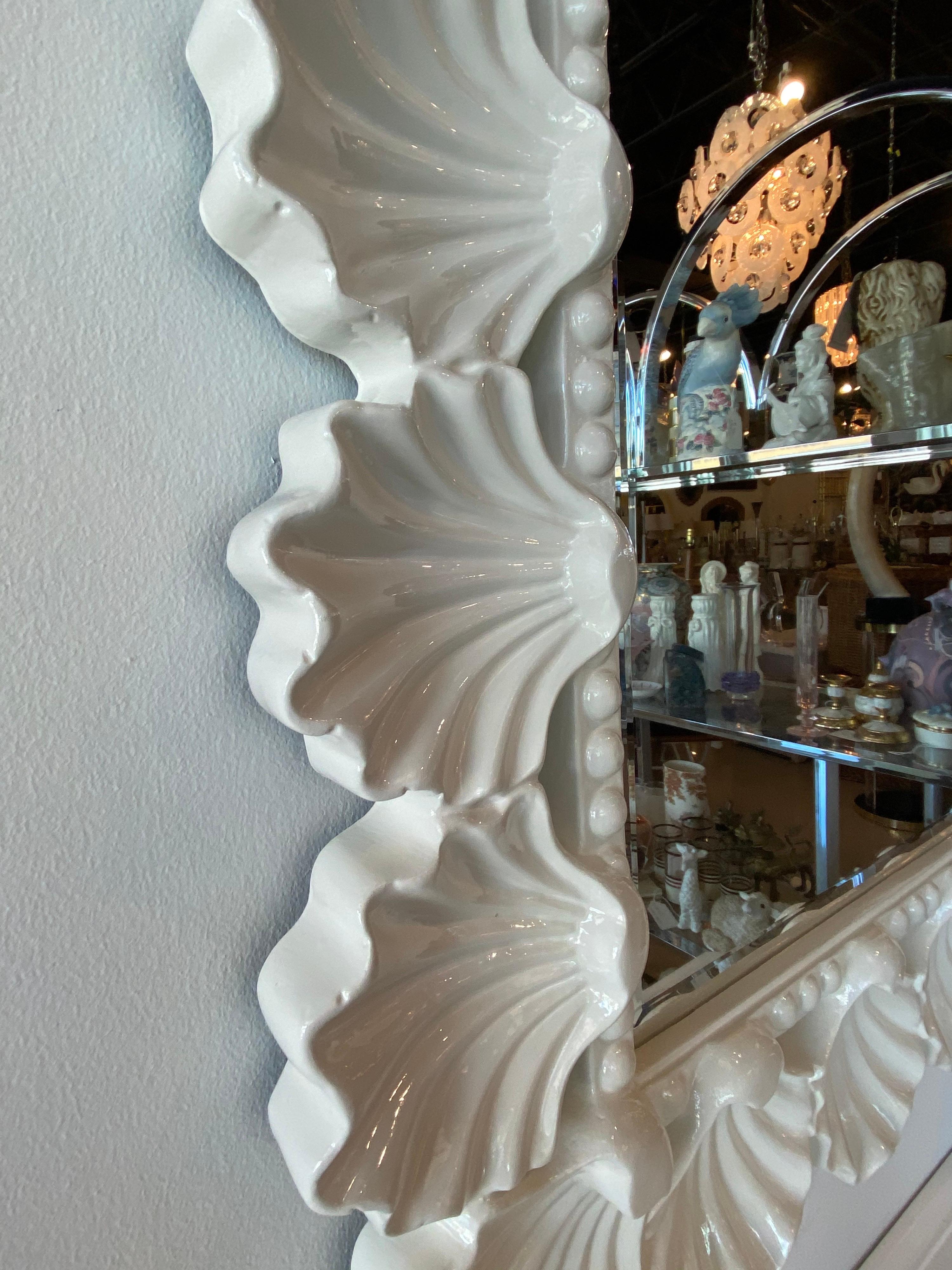 Vintage Scalloped Seashell Shell Palm Beach Soft White Lacquered Wall Mirror 7