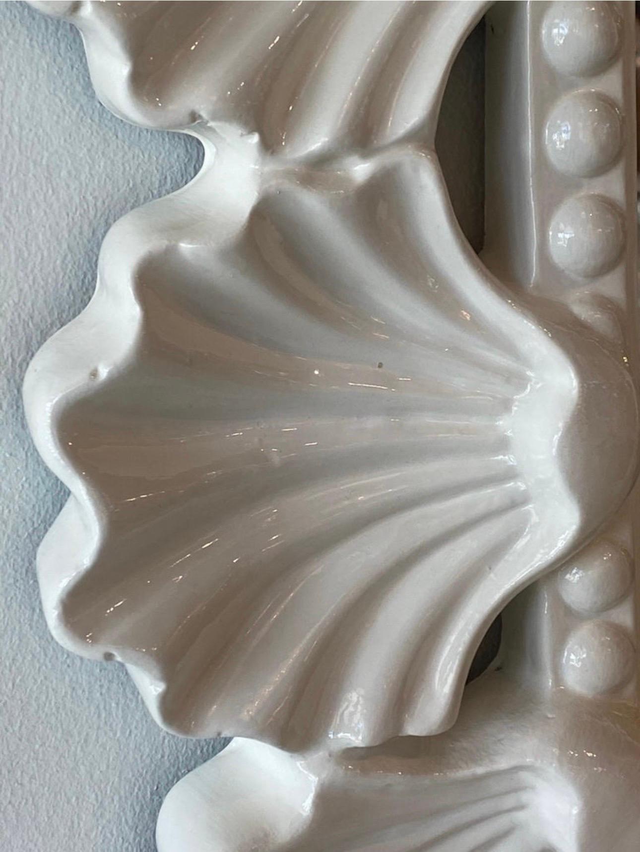 Hollywood Regency Vintage Scalloped Seashell Shell Palm Beach Soft White Lacquered Wall Mirror For Sale
