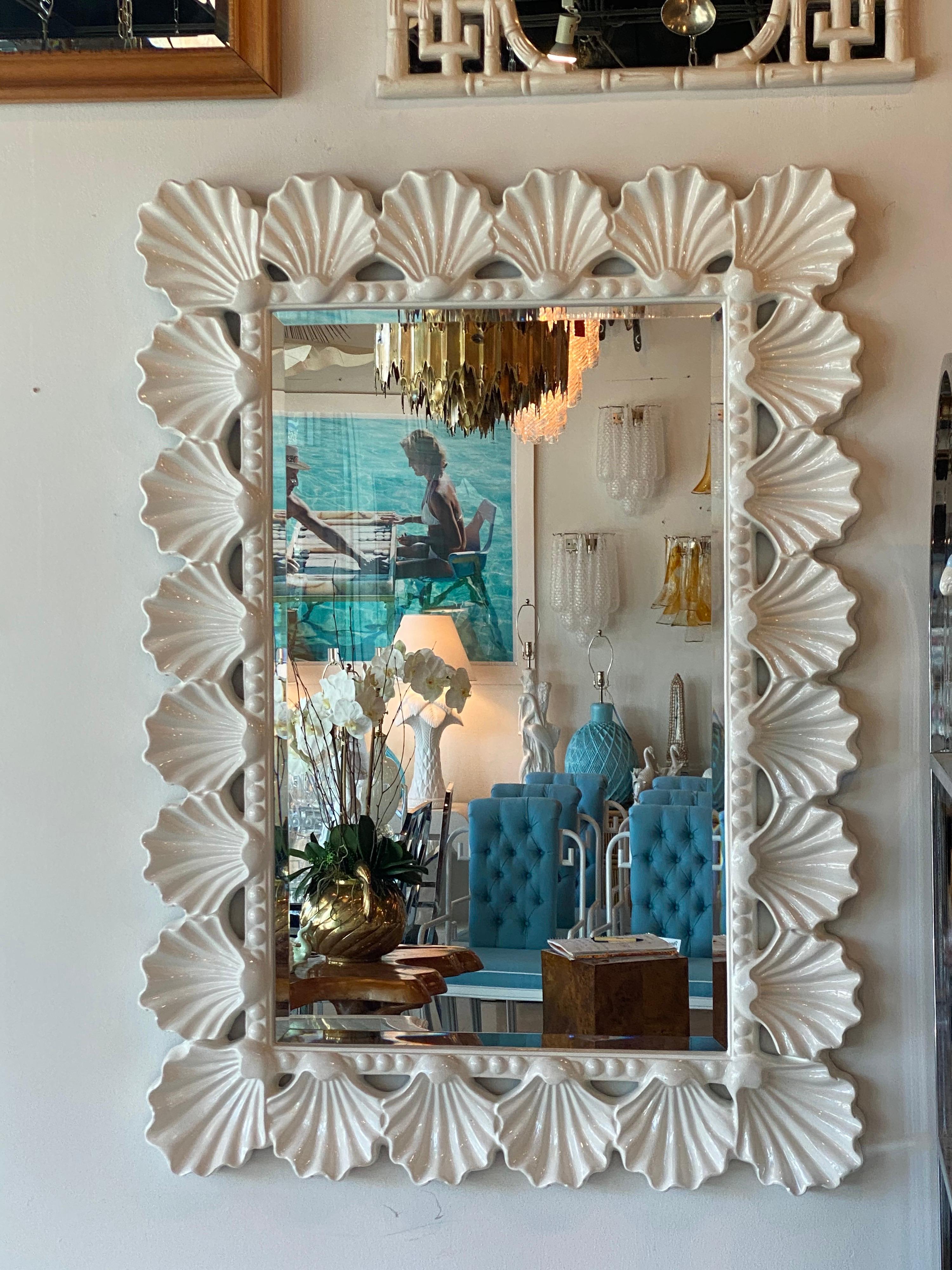 Hollywood Regency Vintage Scalloped Seashell Shell Palm Beach Soft White Lacquered Wall Mirror