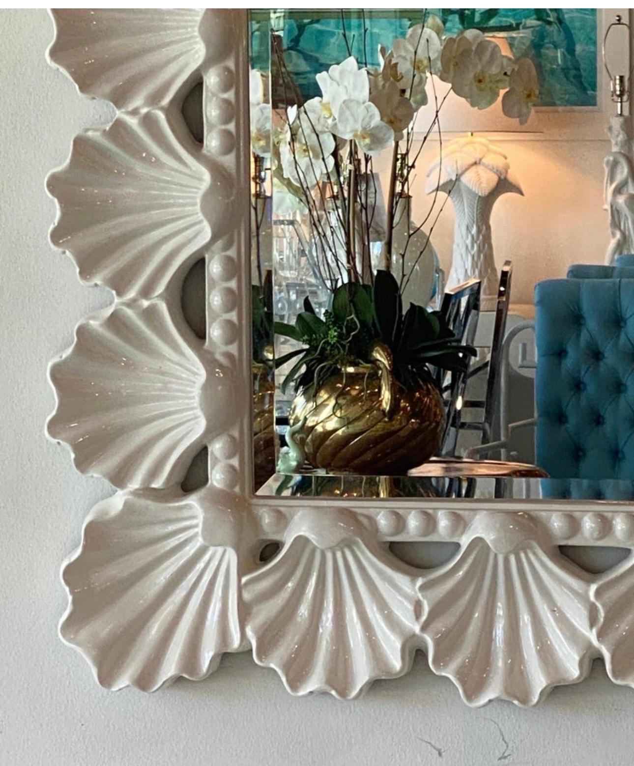 Late 20th Century Vintage Scalloped Seashell Shell Palm Beach Soft White Lacquered Wall Mirror For Sale