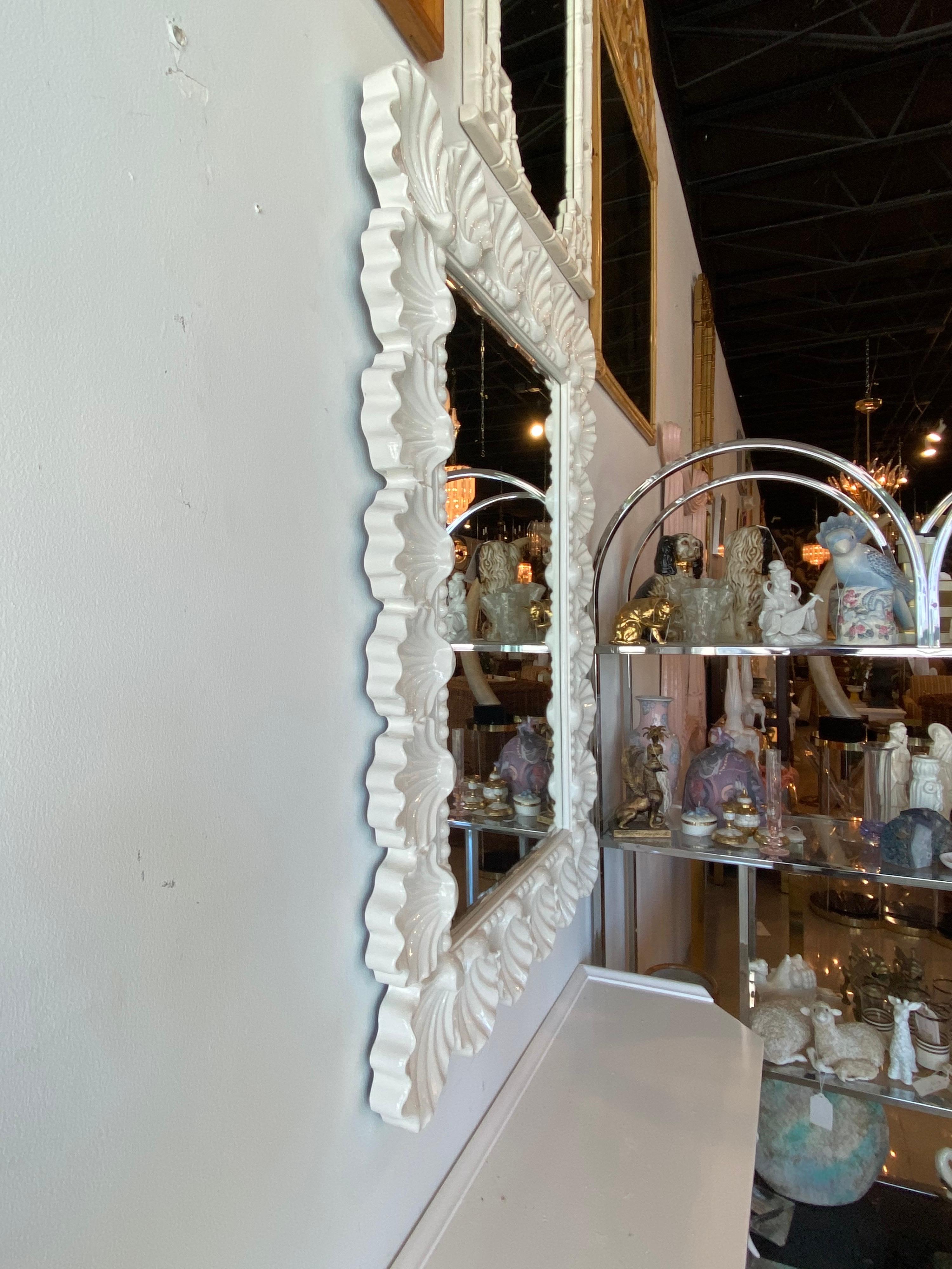 American Vintage Scalloped Seashell Shell Palm Beach Soft White Lacquered Wall Mirror