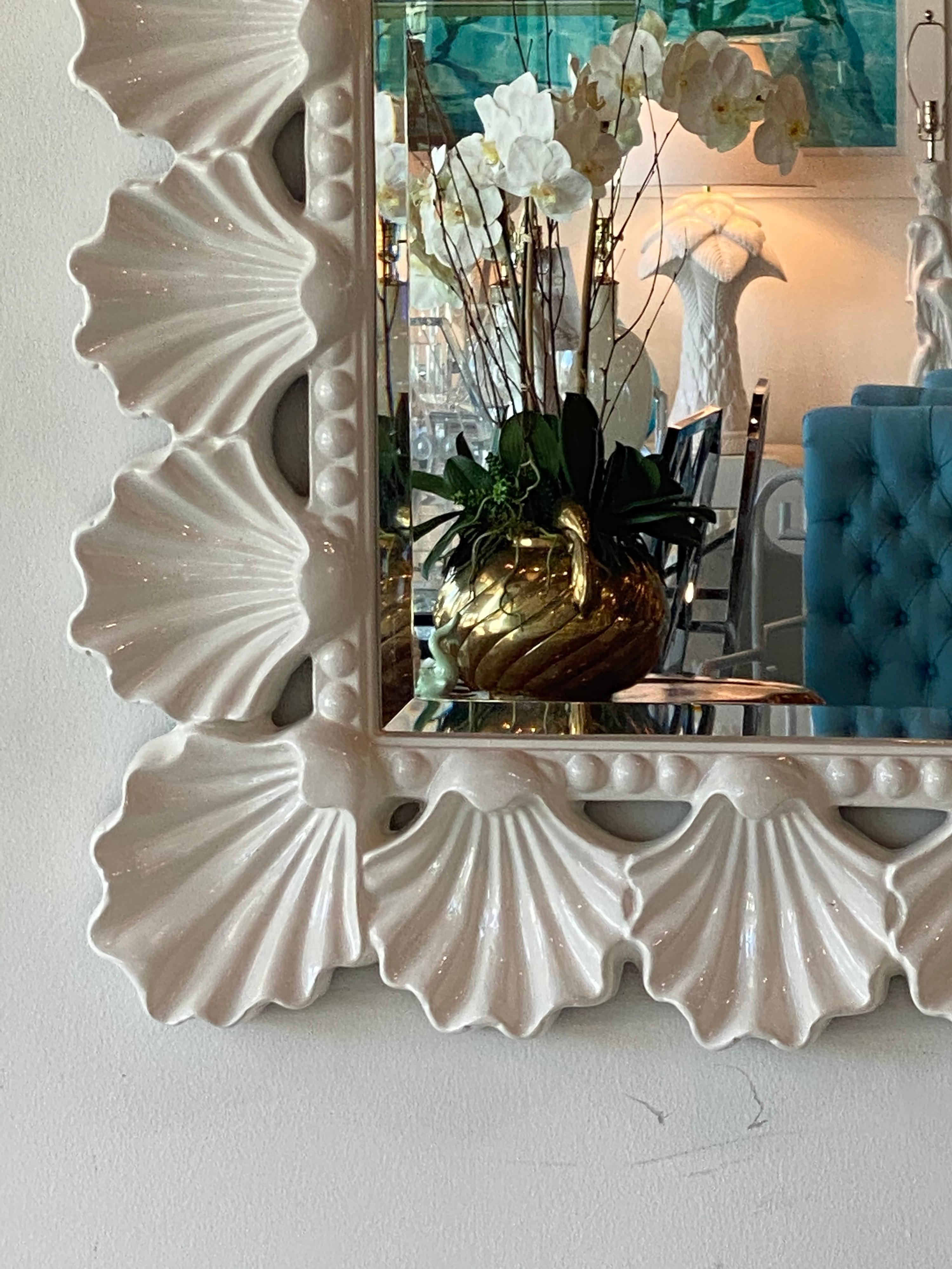 Late 20th Century Vintage Scalloped Seashell Shell Palm Beach Soft White Lacquered Wall Mirror