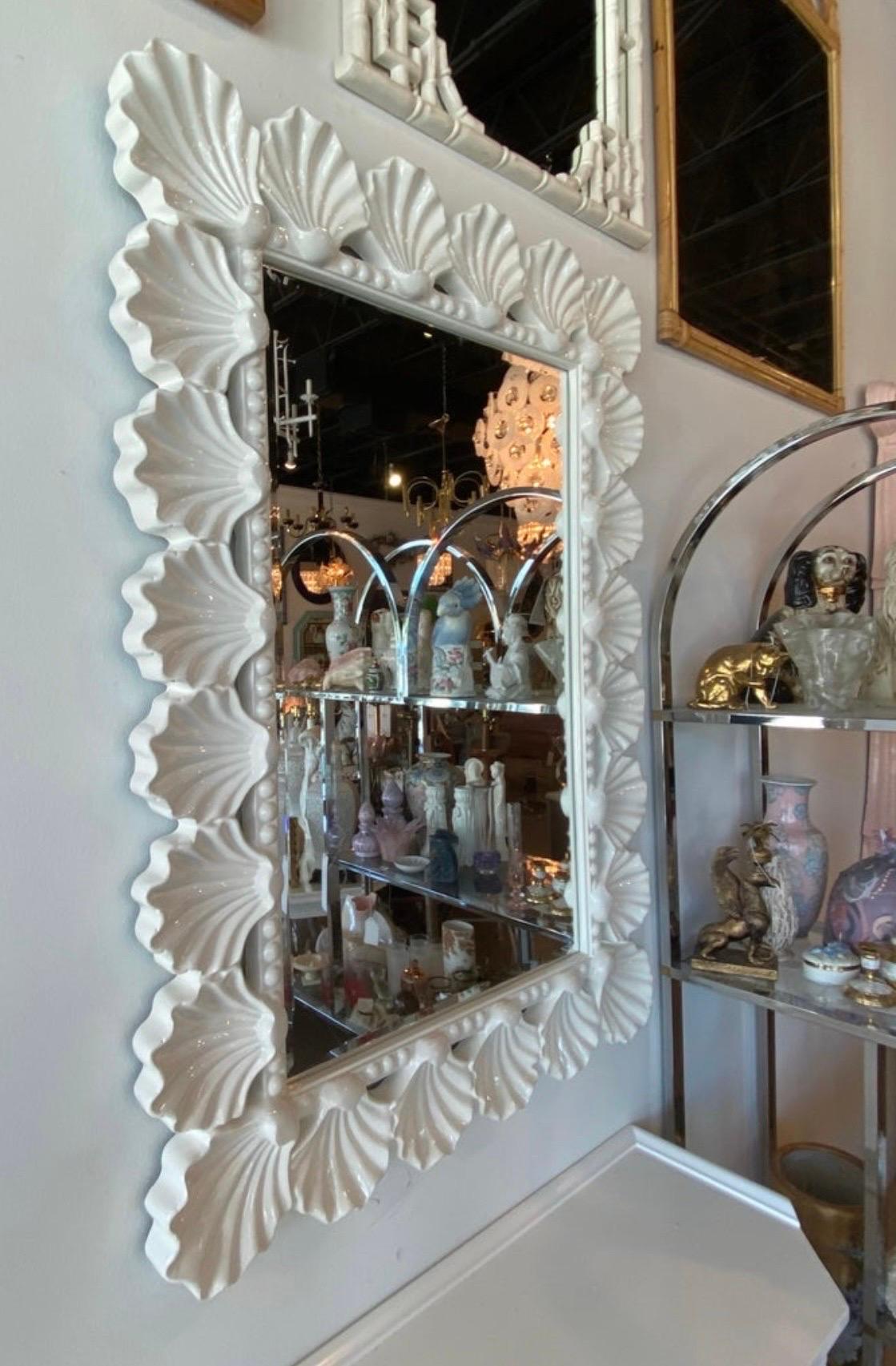 Vintage Scalloped Seashell Shell Palm Beach Soft White Lacquered Wall Mirror For Sale 2