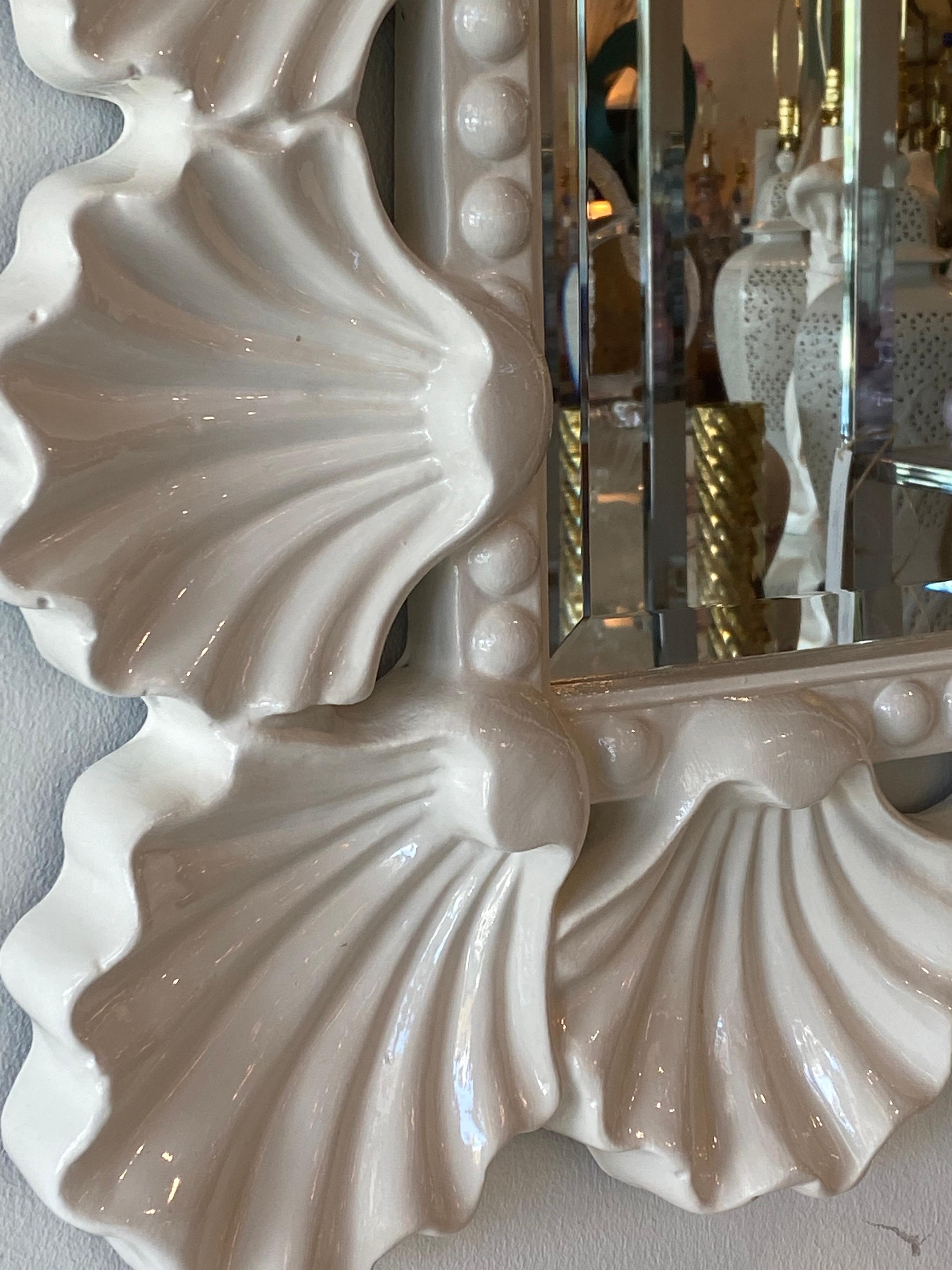 Late 20th Century Vintage Scalloped Seashell Shell Palm Beach Soft White Lacquered Wall Mirror