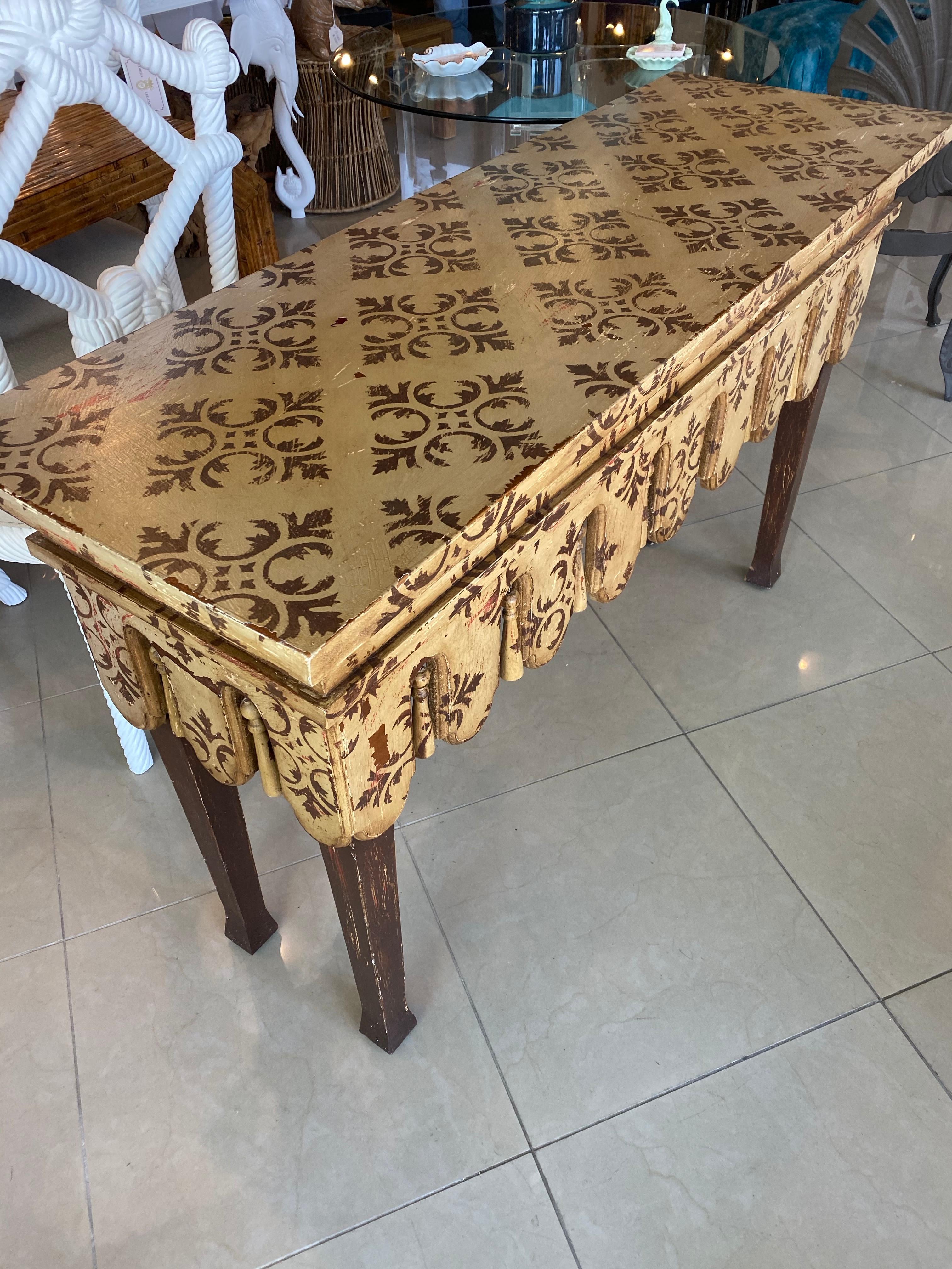 Vintage Scalloped Wood and Tassel Chinoiserie Console Sofa Table at 1stDibs