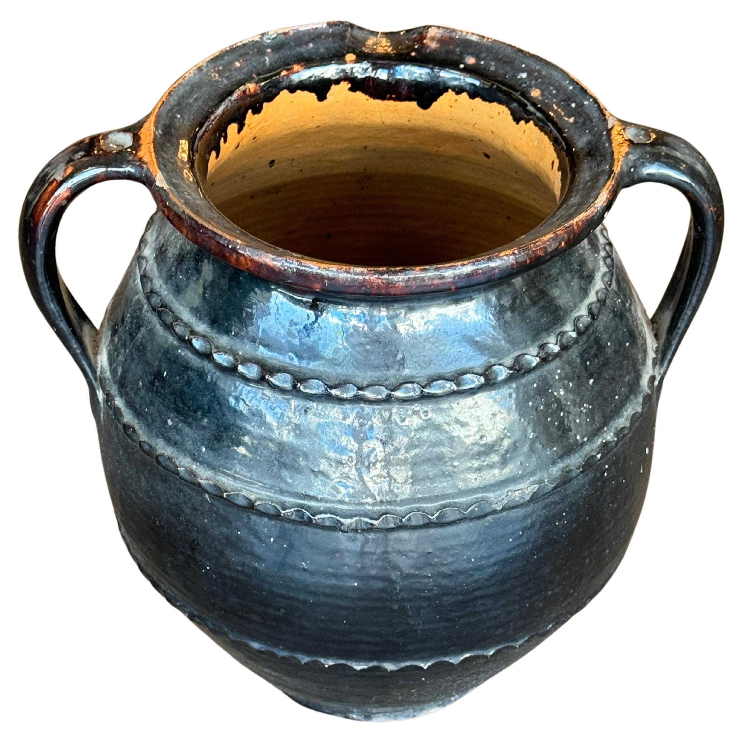 Mid-Century Modern Pot Vintage Scandinave en Faïence émaillée et rainurée à la main en vente