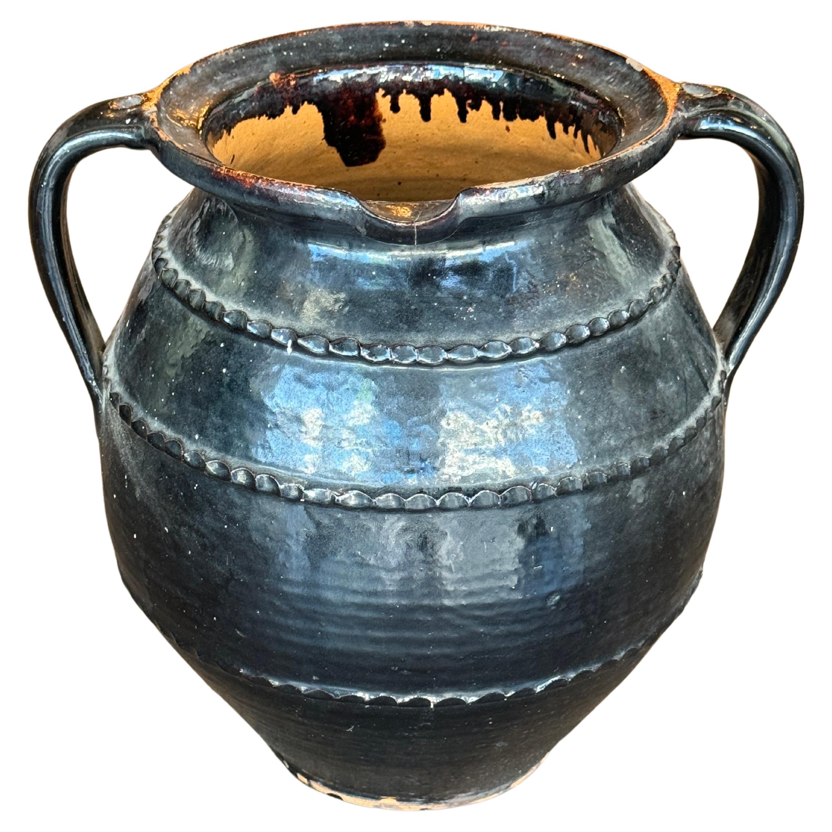 Vintage Scandanavian Glazed and Hand-Grooved Earthenware Pot