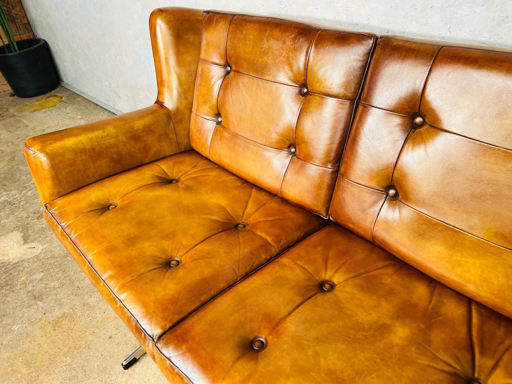 Vintage Scandi 1970s Light Tan 3 Seater Leather Sofa 1