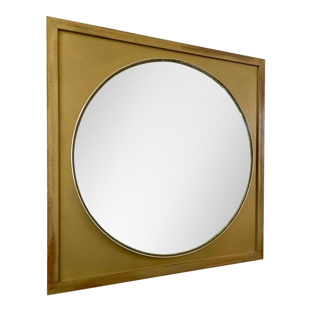 Vintage Scandi Round Mirror with Square Gold Frame, c.1970 For Sale