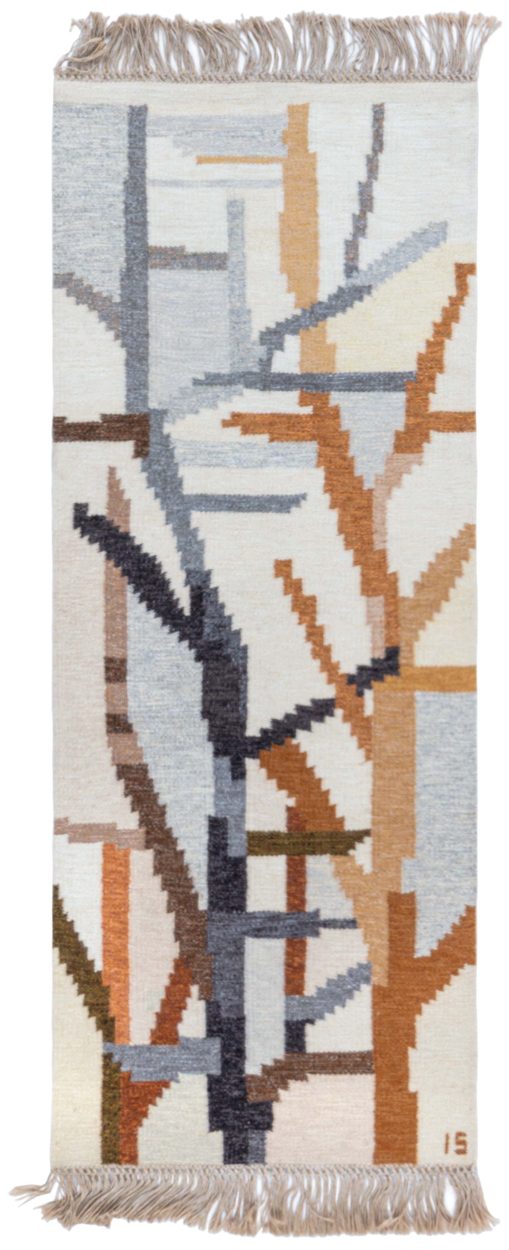 Vintage Scandinavian Abstract Gray Flatweave Runner By Ingegerd Silow For Sale