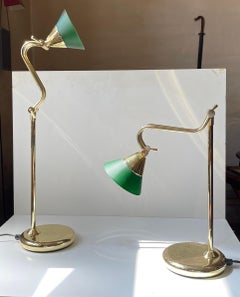 Vintage Scandinavian Bankers Desk or Table Lamps in Brass & Green Glass