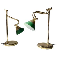 Vintage Scandinavian Bankers Desk or Table Lamps in Brass & Green Glass