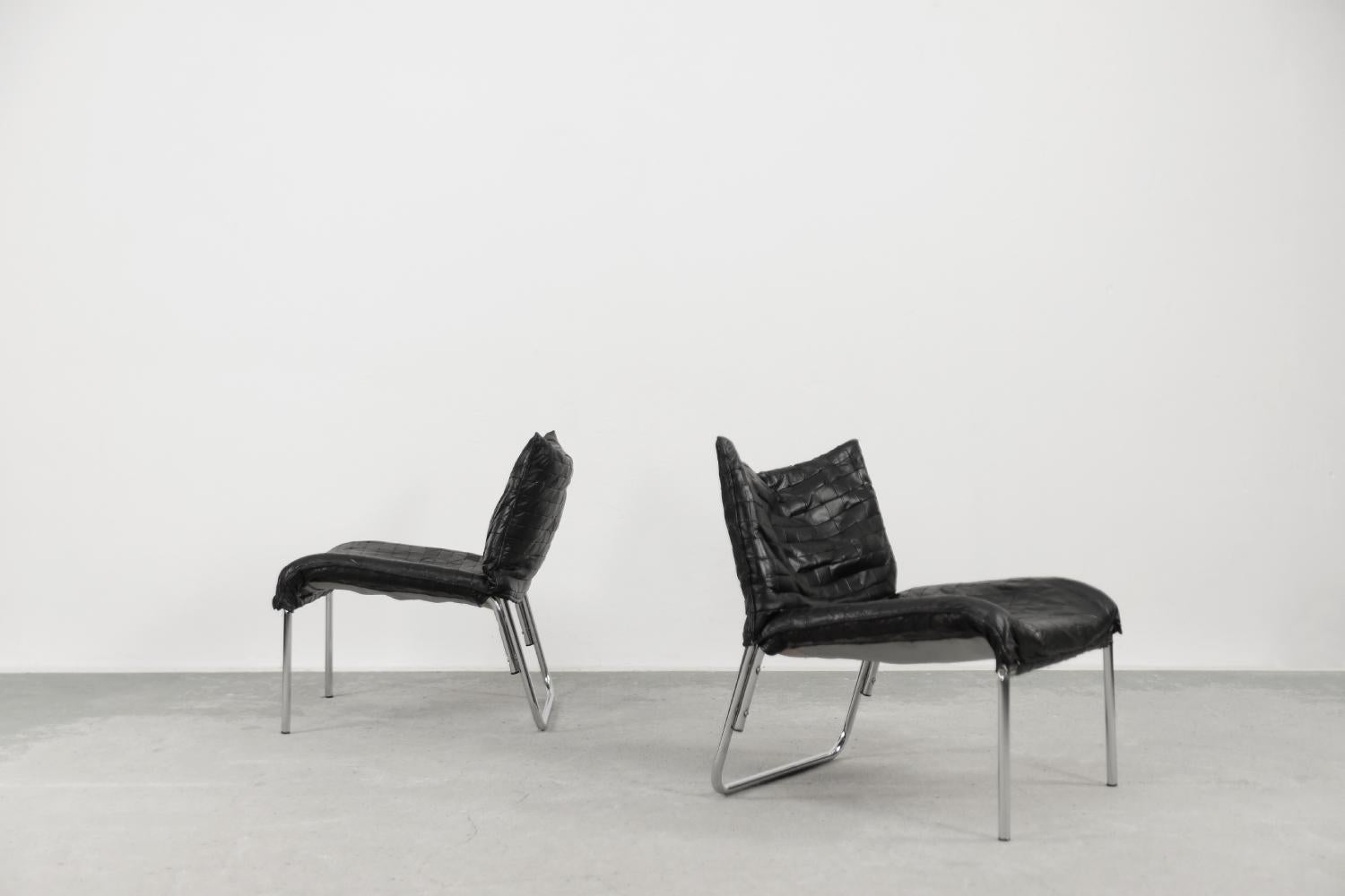 Cuir Paire de fauteuils de salon scandinaves modernes en cuir patchwork vintage de IKEA en vente