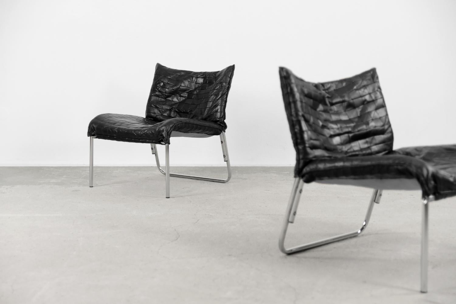 Paire de fauteuils de salon scandinaves modernes en cuir patchwork vintage de IKEA Bon état - En vente à Warszawa, Mazowieckie