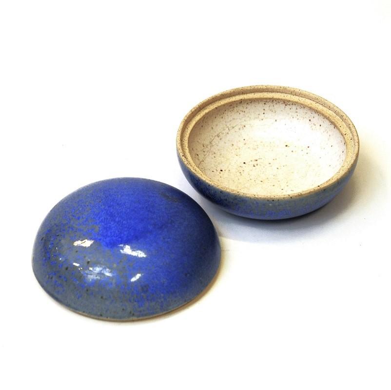 Vintage Scandinavian Blue Glaced Ceramic Lid Box, 1950s In Good Condition In Stockholm, SE
