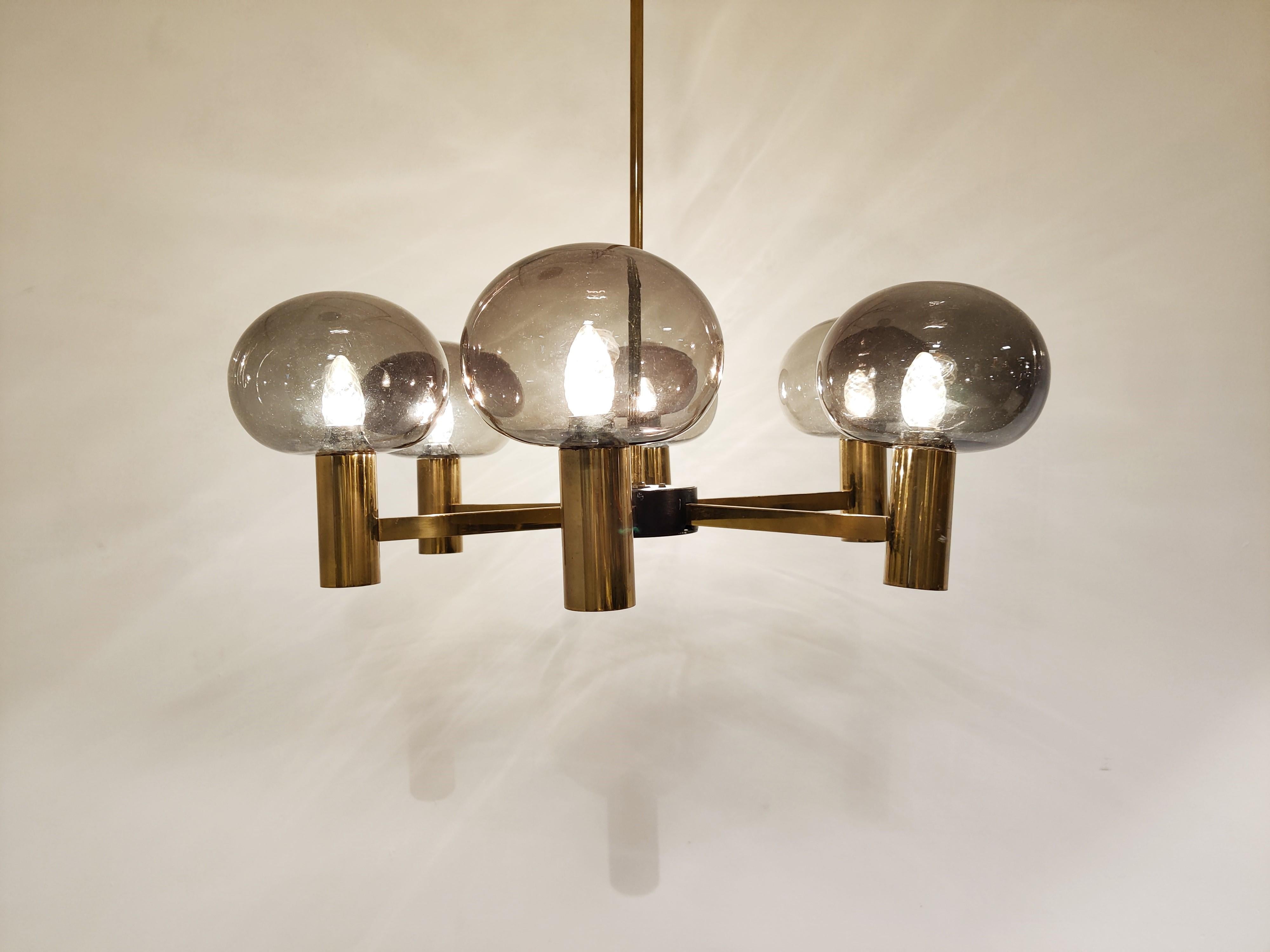 Scandinavian Modern Vintage Scandinavian Brass and Glass Chandelier, 1960s 