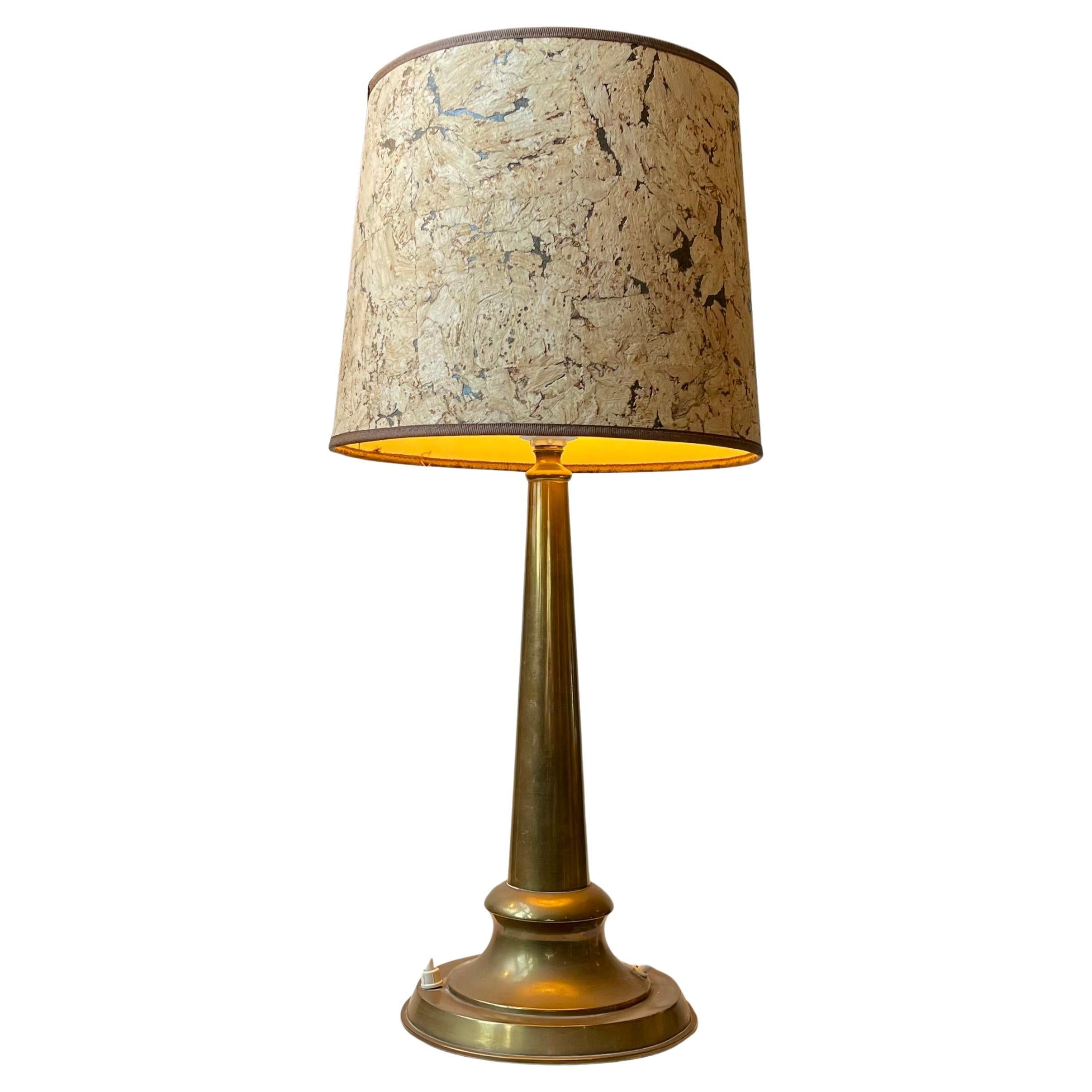 Vintage Scandinavian Brass Column Table Lamp with Cork Shade, 1950s For Sale