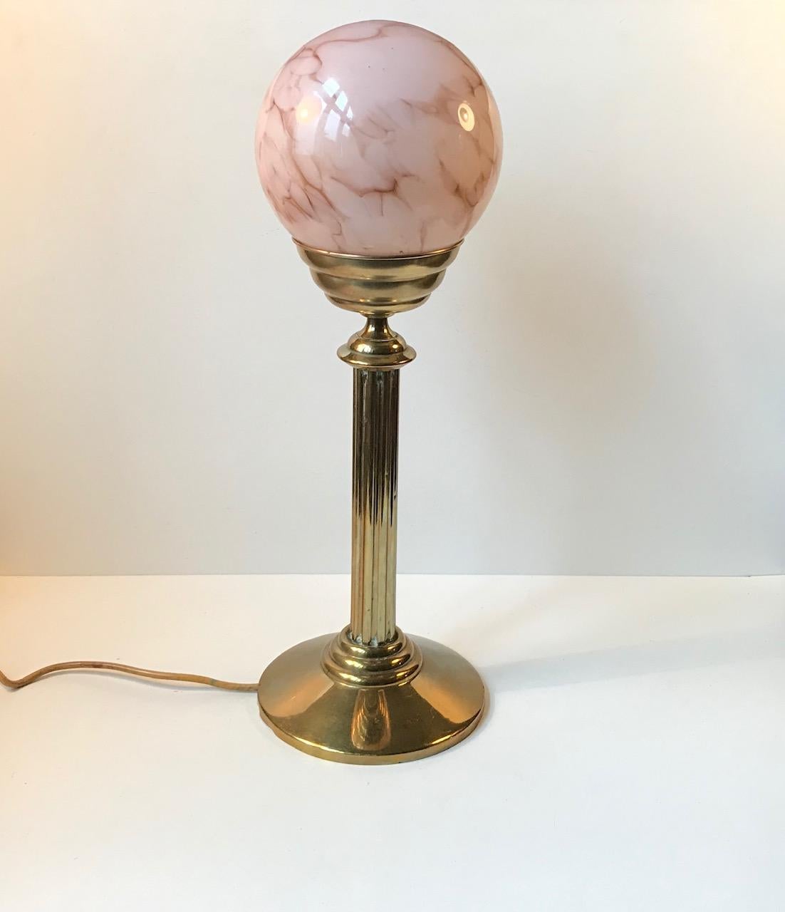 Art Deco Vintage Scandinavian Brass Table Lamp with Pink Marble Glass Sphere For Sale