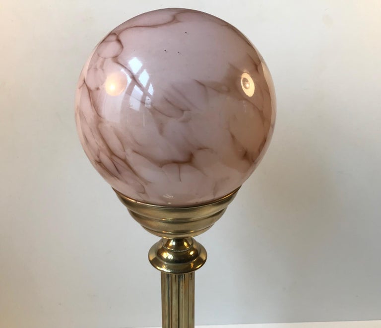 Vintage Scandinavian Brass Table Lamp with Pink Marble Glass Sphere For Sale 1