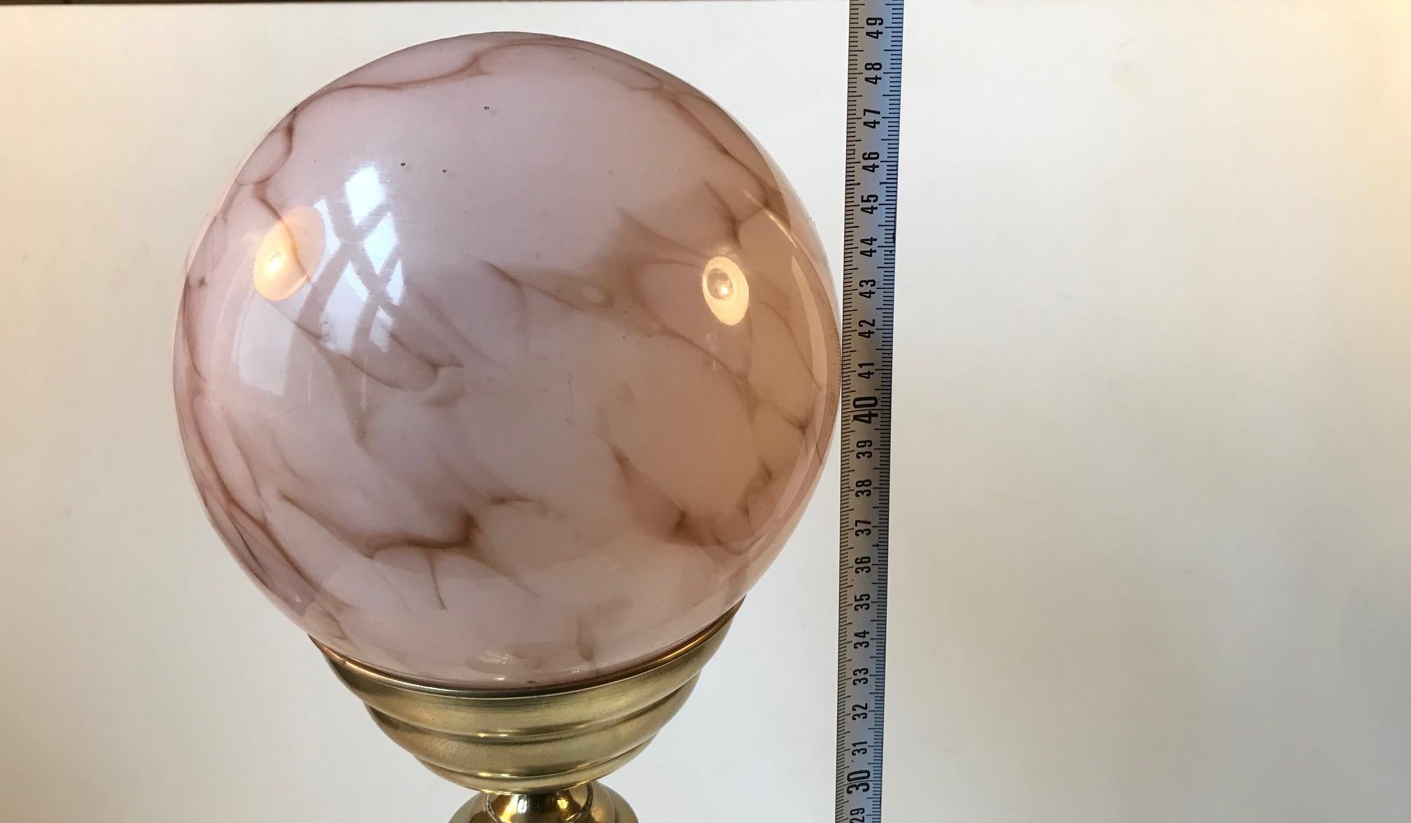 Vintage Scandinavian Brass Table Lamp with Pink Marble Glass Sphere For Sale 1