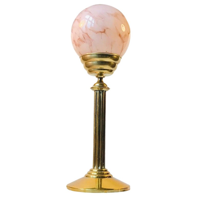 Vintage Scandinavian Brass Table Lamp with Pink Marble Glass Sphere For Sale