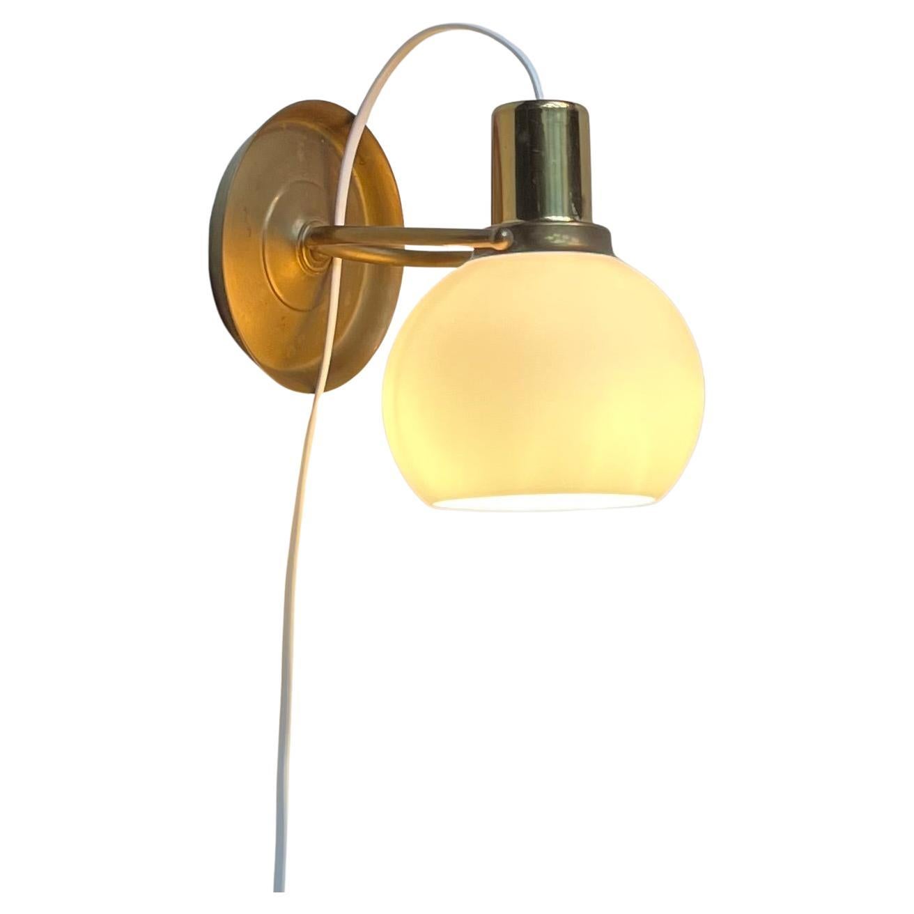 Vintage Scandinavian Brass Wall Lamp with Opaline Sphere, 1970s