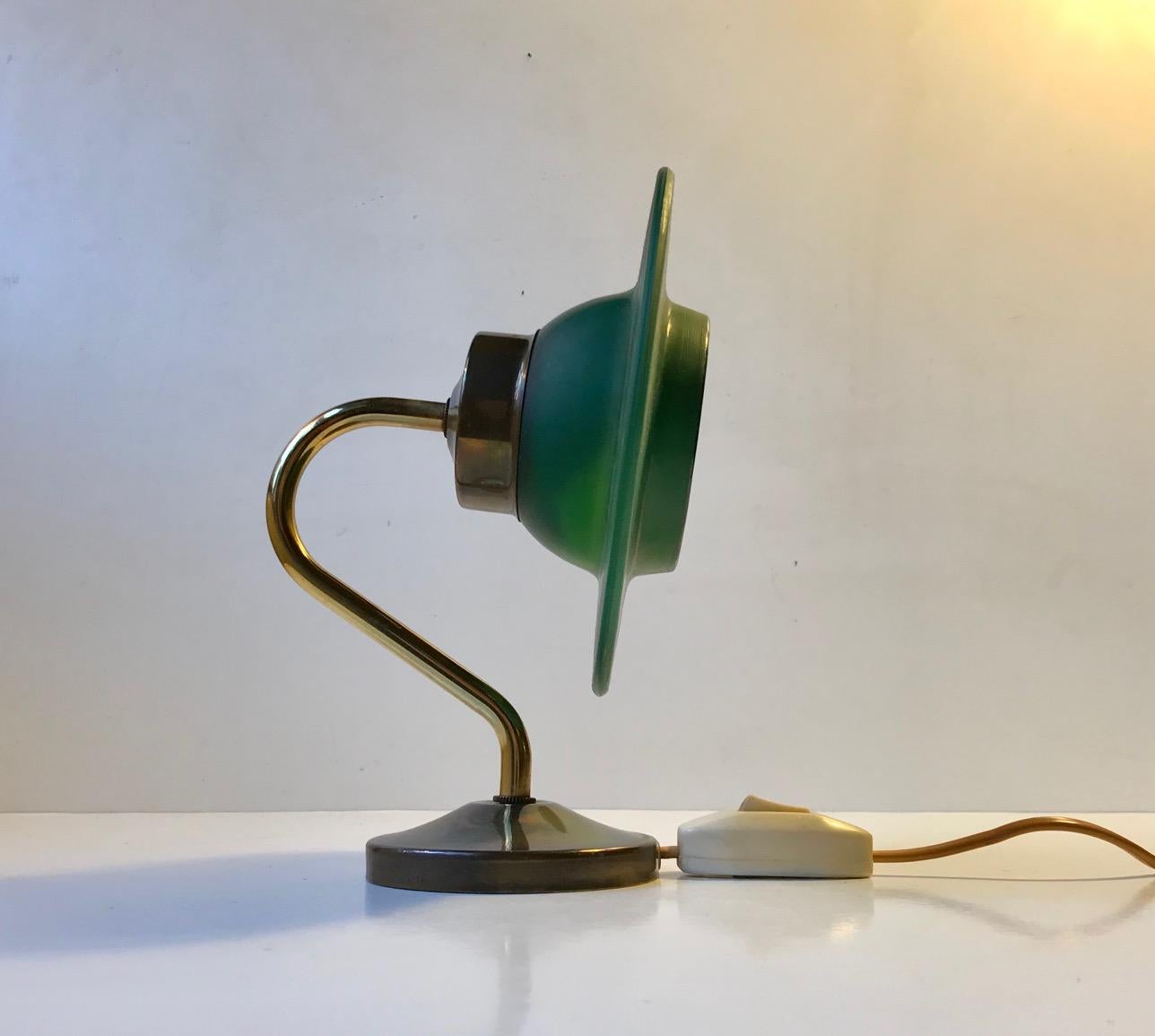 Vintage Scandinavian Brass Wall Sconce with Green Orbit Glass Shade, 1960s In Good Condition In Esbjerg, DK