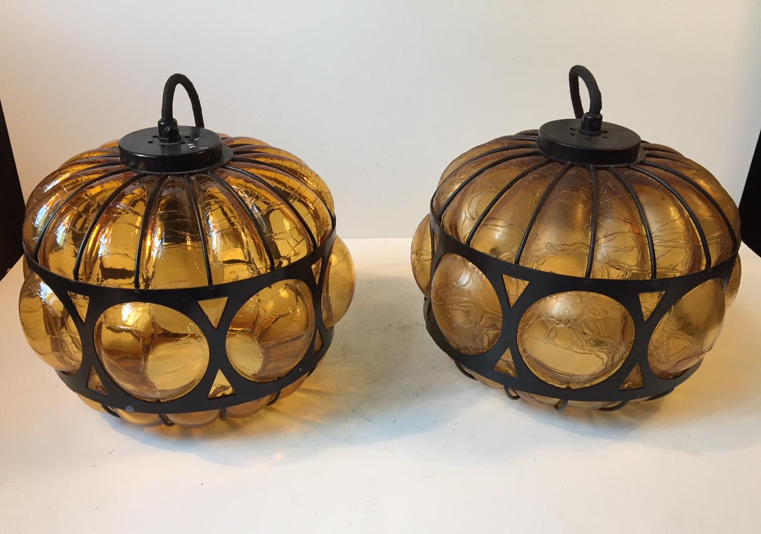 Vintage Scandinavian Caged Amber Glass Pendant Lamps, 1960s 3