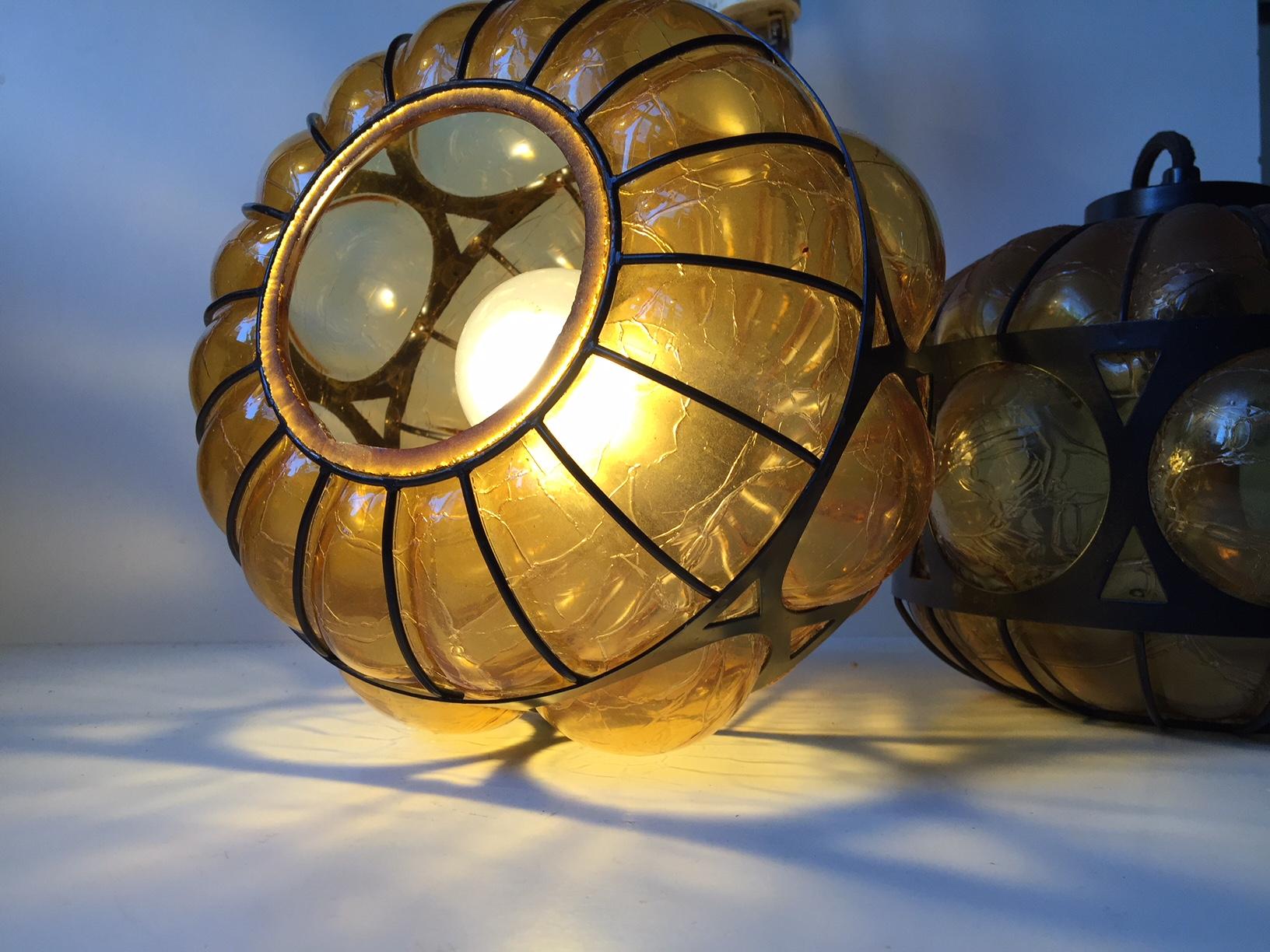 Mid-Century Modern Vintage Scandinavian Caged Amber Glass Pendant Lamps, 1960s