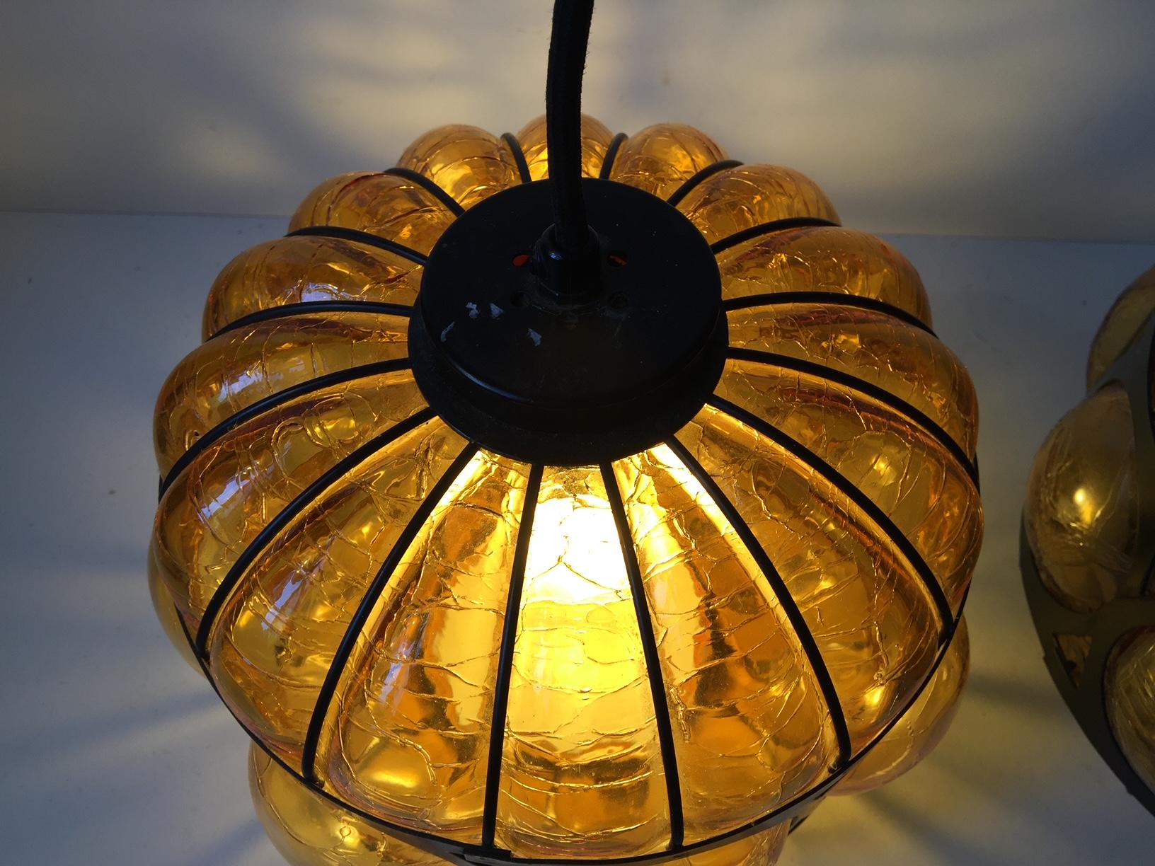 Vintage Scandinavian Caged Amber Glass Pendant Lamps, 1960s In Good Condition In Esbjerg, DK