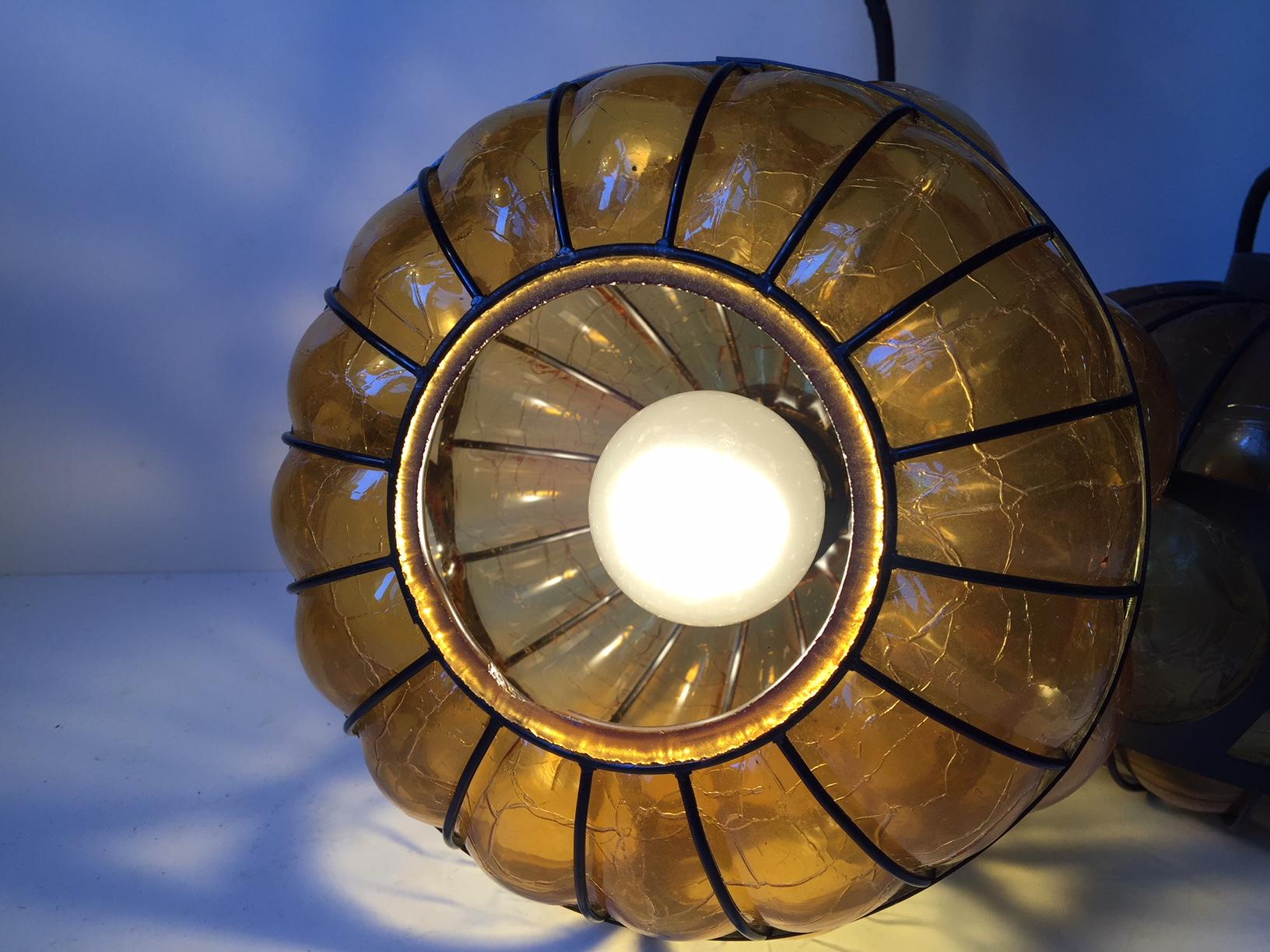 Vintage Scandinavian Caged Amber Glass Pendant Lamps, 1960s In Good Condition In Esbjerg, DK