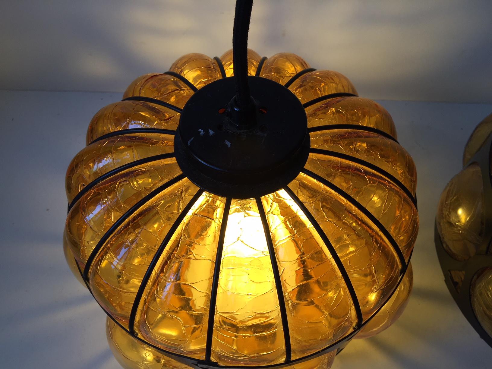 Mid-20th Century Vintage Scandinavian Caged Amber Glass Pendant Lamps, 1960s
